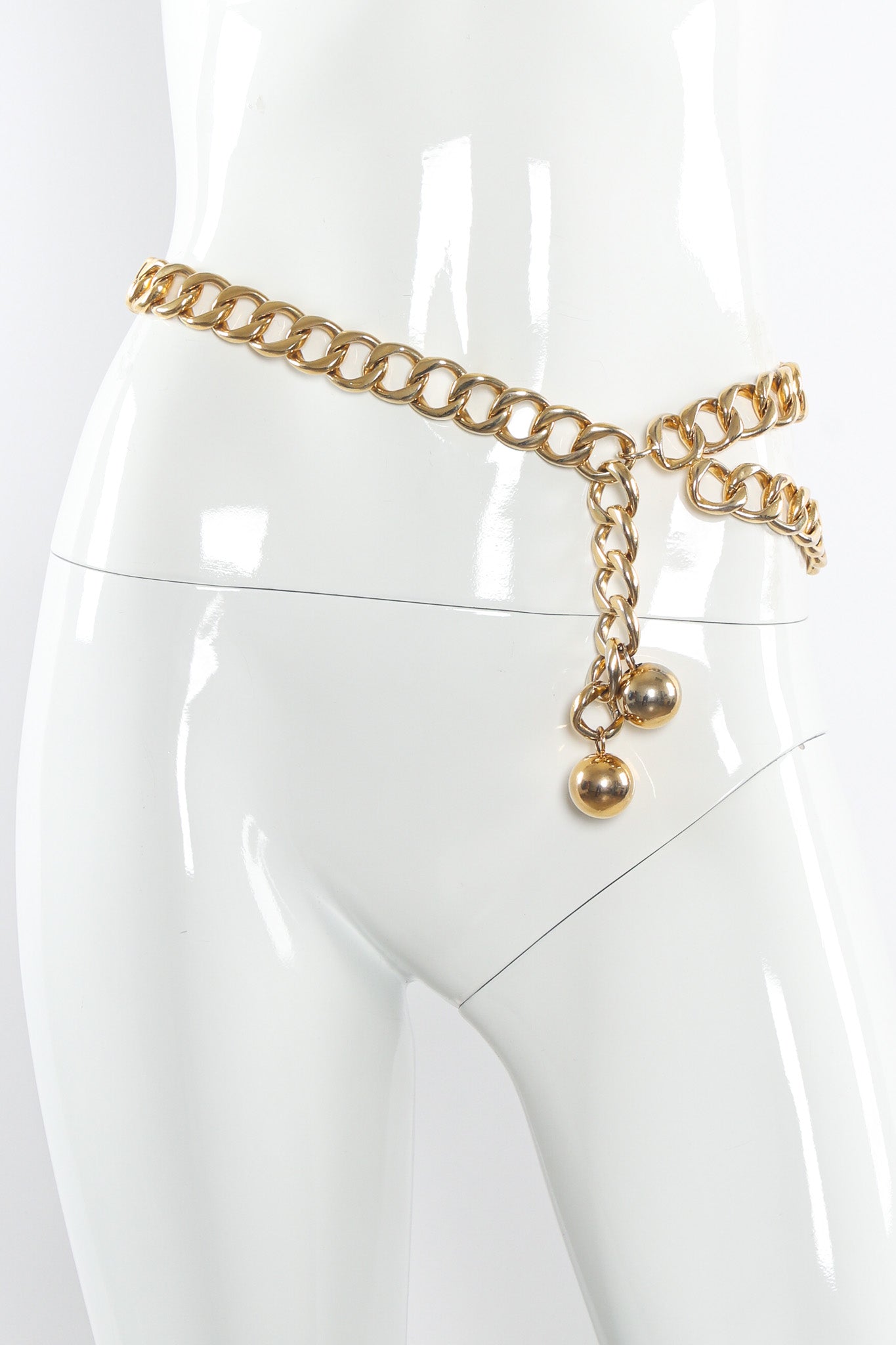 Vintage Chanel Wide Curb Link Ball Charm Belt on mannequin front charm @ Recess Los Angeles