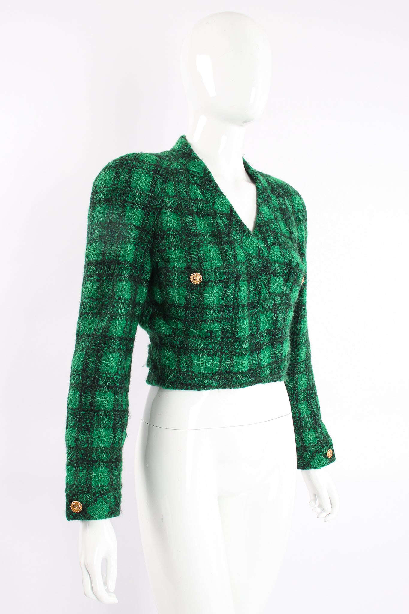 Vintage Chanel Bouclé Plaid Tweed Wrap Jacket on Mannequin Angle at Recess Los Angeles