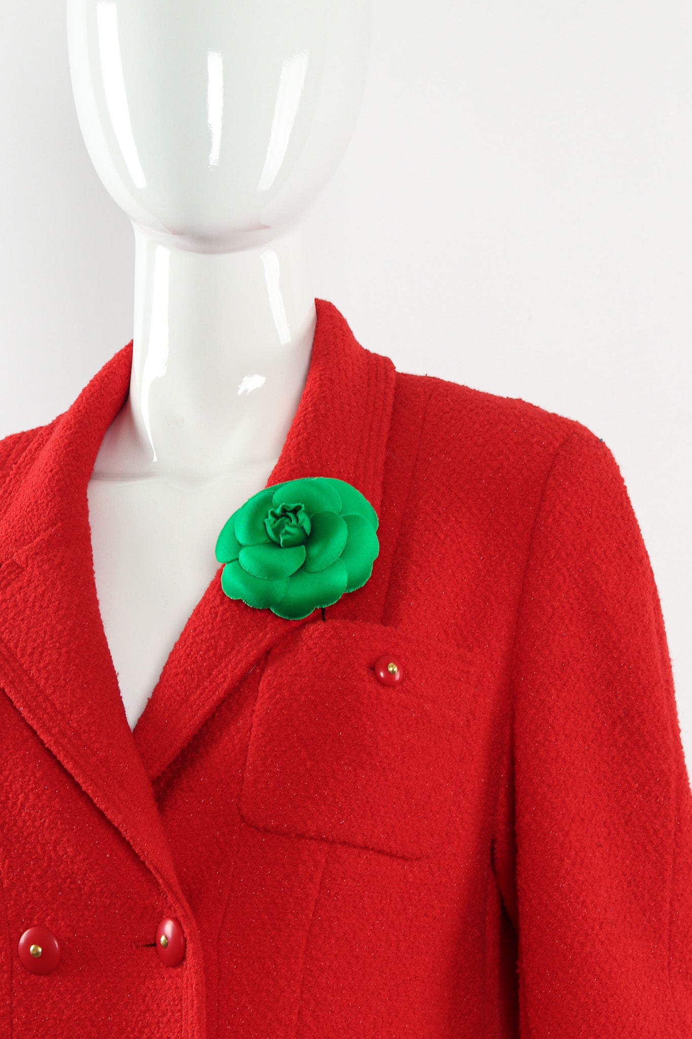 Vintage Chanel Camellia Flower Pin III mannequin front @ Recess LA