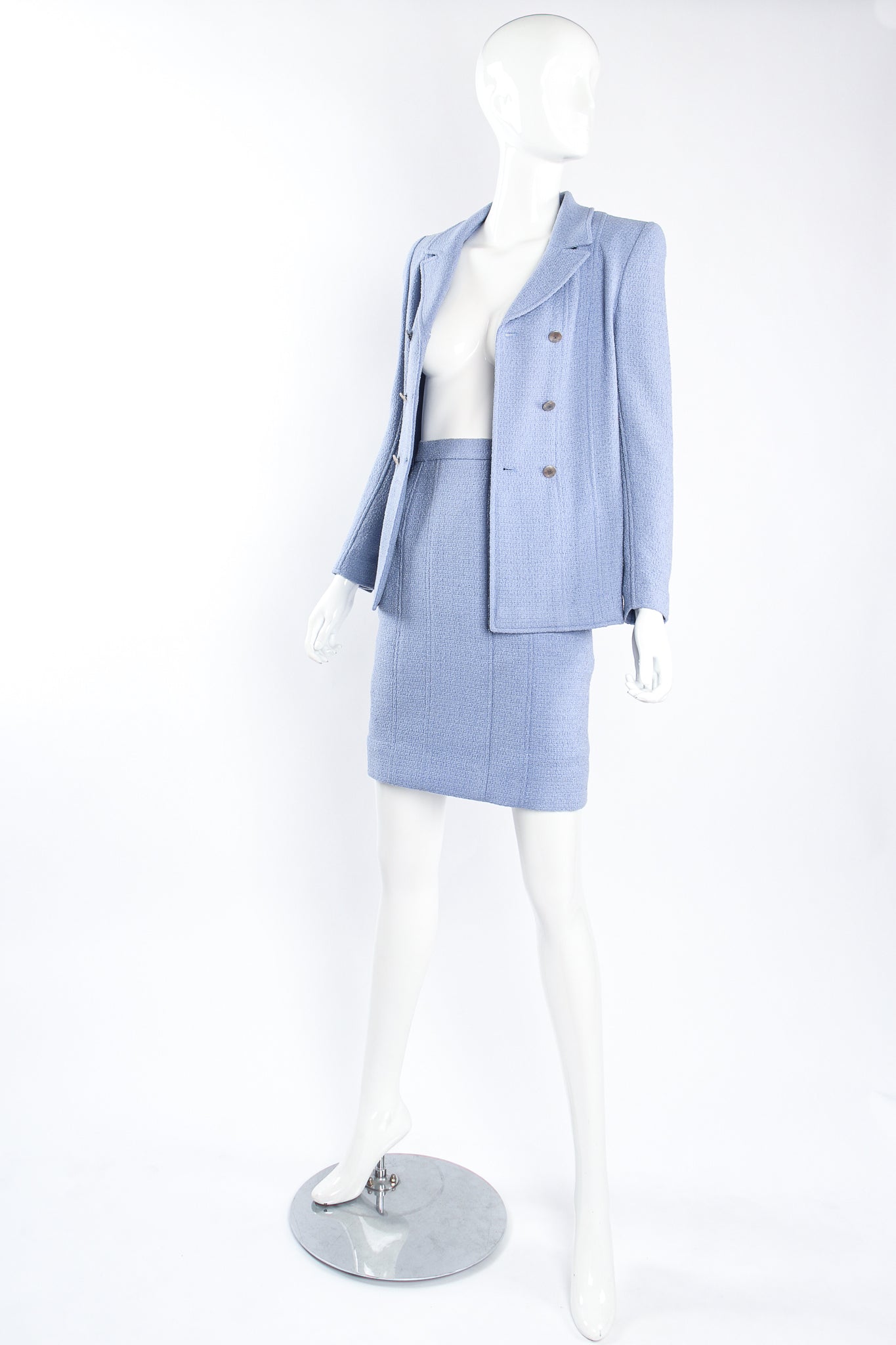 Vintage Chanel 1998P Seamed Tweed Jacket & Skirt Set on mannequin open at Recess Los Angeles