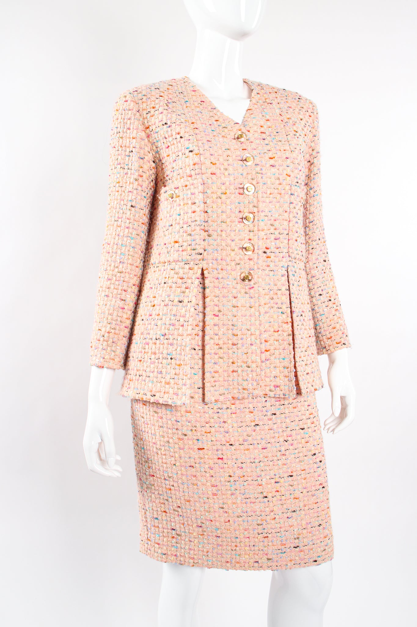 Vintage Chanel SS 1994 Runway Bouclé Tweed Vent Jacket & Skirt Set on Mannequin crop at Recess LA