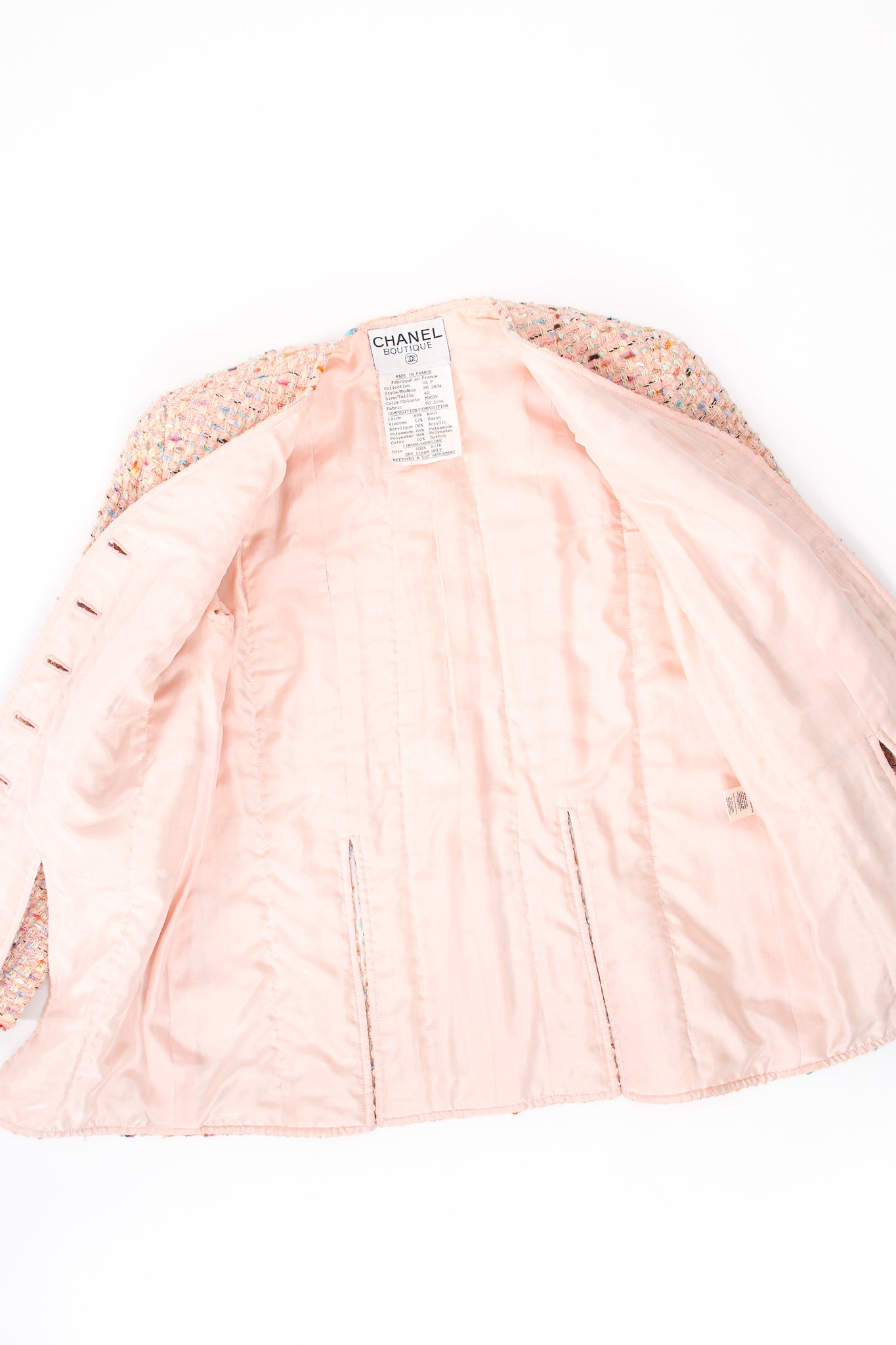 Vintage Chanel SS 1994 Runway Bouclé Tweed Vent Jacket & Skirt Set lining at Recess LA