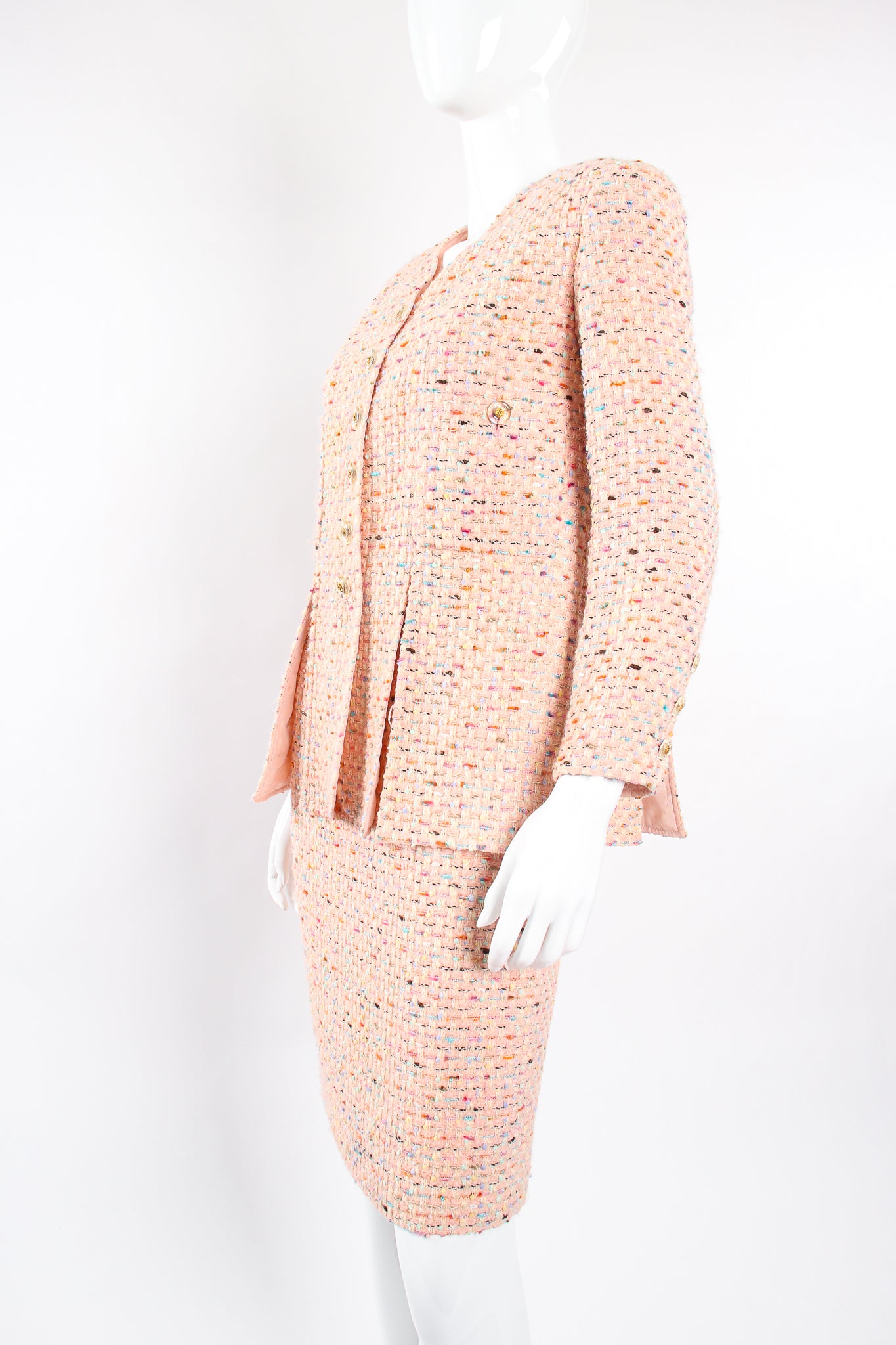 Vintage Chanel SS 1994 Runway Bouclé Tweed Vent Jacket & Skirt Set on Mannequin angle at Recess LA