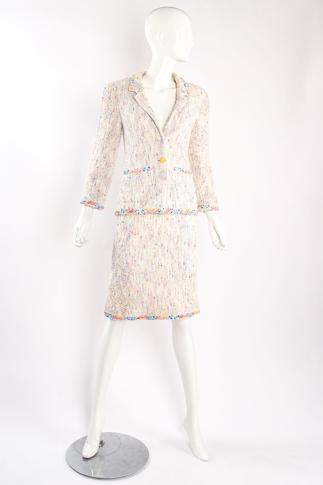 Vintage Chanel 1999P Rainbow Terrazzo Tweed Jacket & Skirt Set on Mannequin front at Recess LA