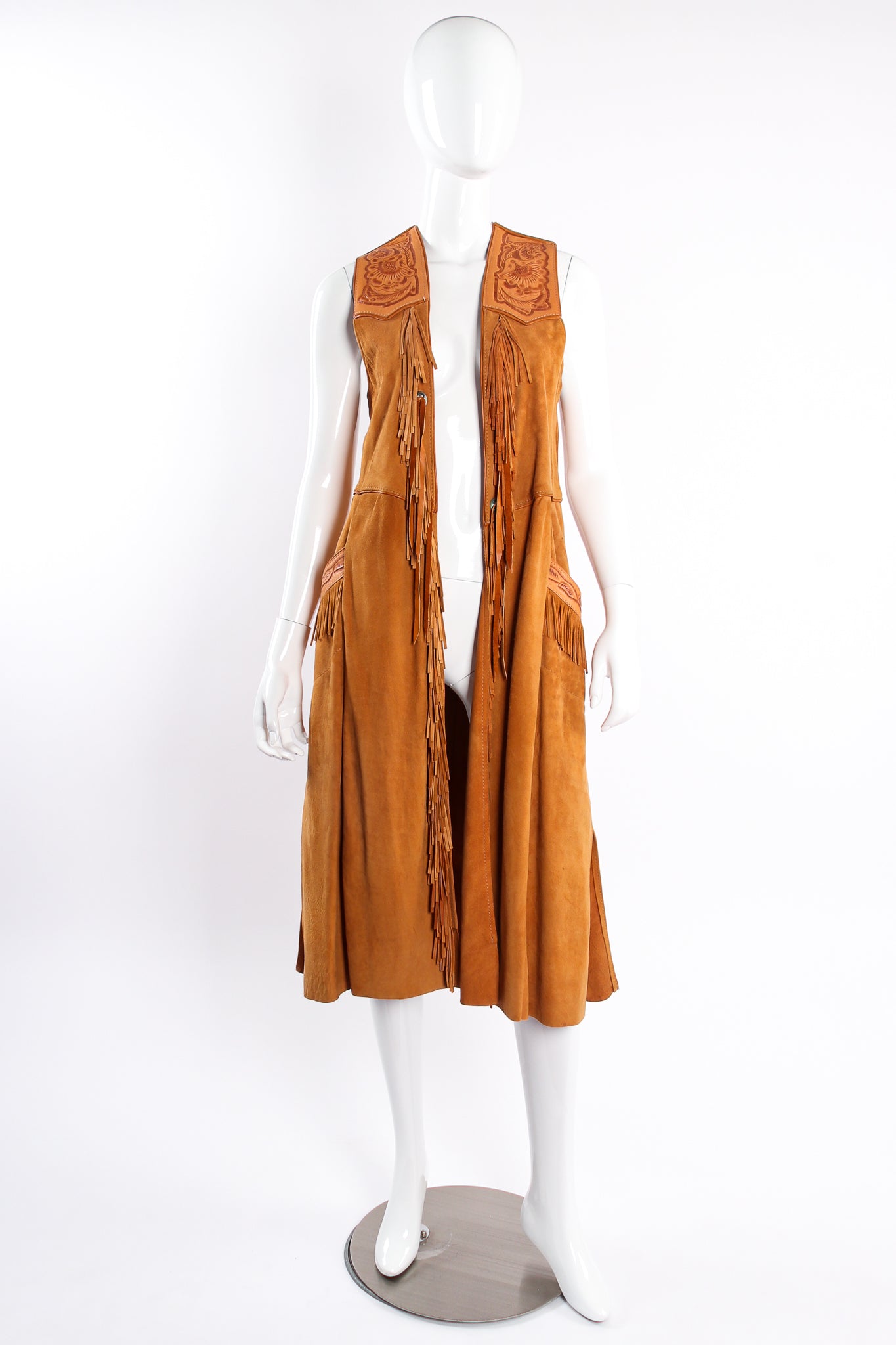 Vintage Char & Sher Designs Suede Tassel Vest Overcoat on mannequin front @ Recess LA