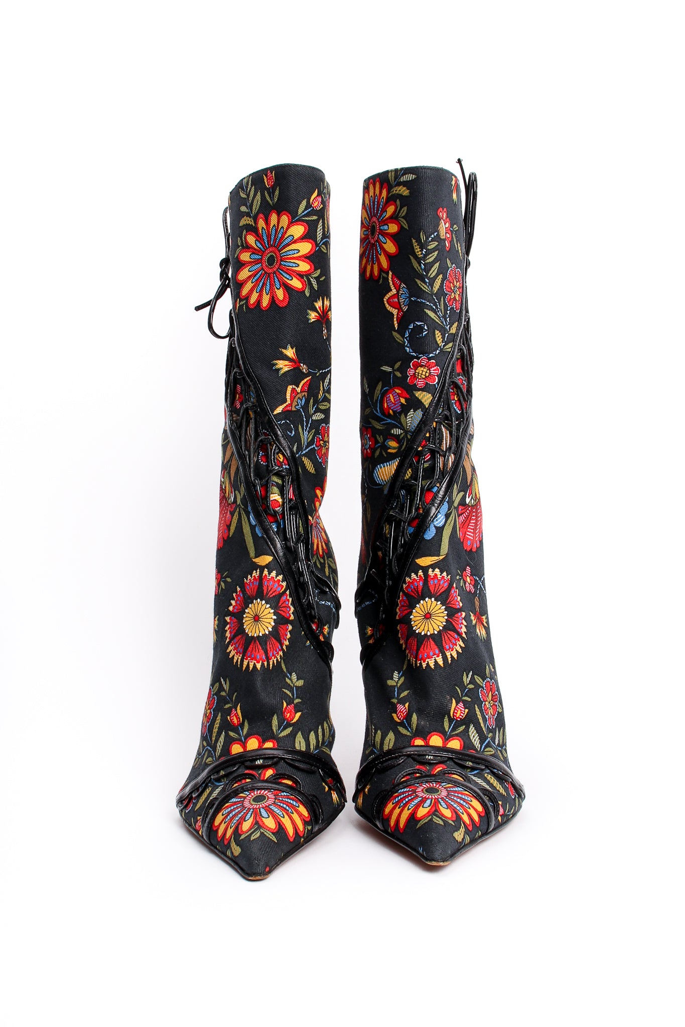 Vintage Christian Dior Floral Print Stiletto Boots front  at Recess Los Angeles