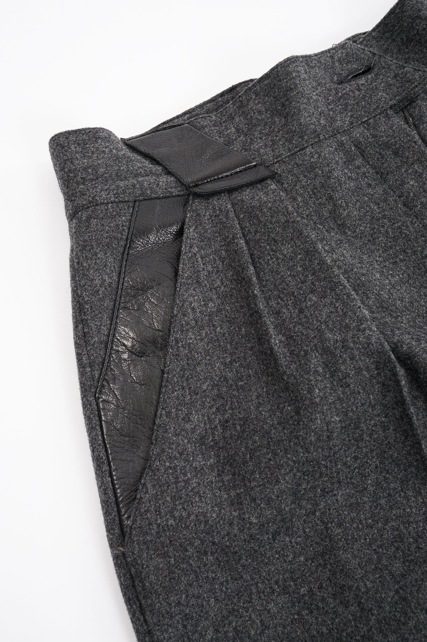 Vintage Claude Montana Flannel Pleated Trouser leather detail at Recess Los Angeles