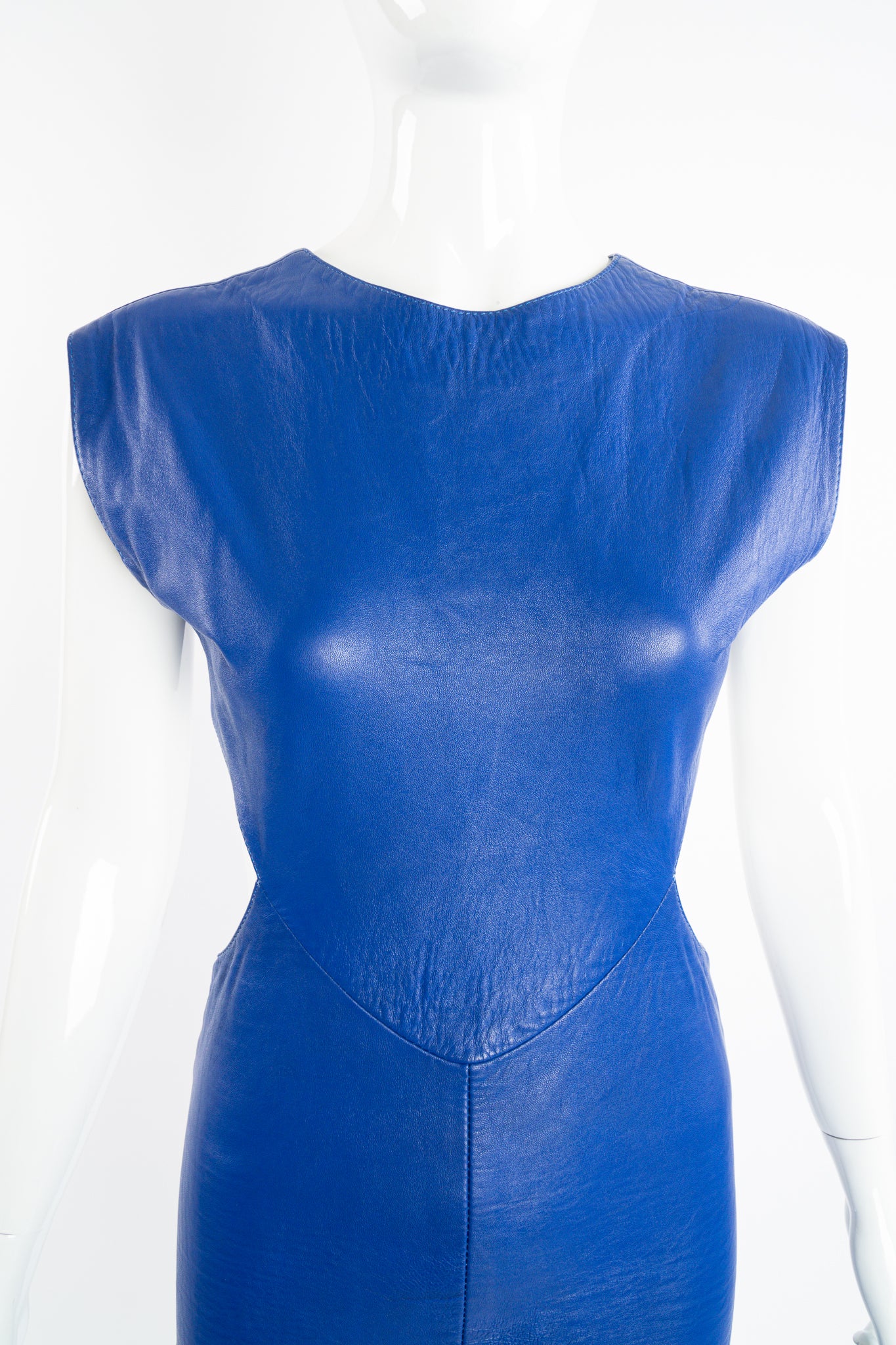 Vintage Climax Blue Leather Cutout Dress on Mannequin front crop at Recess Los Angeles