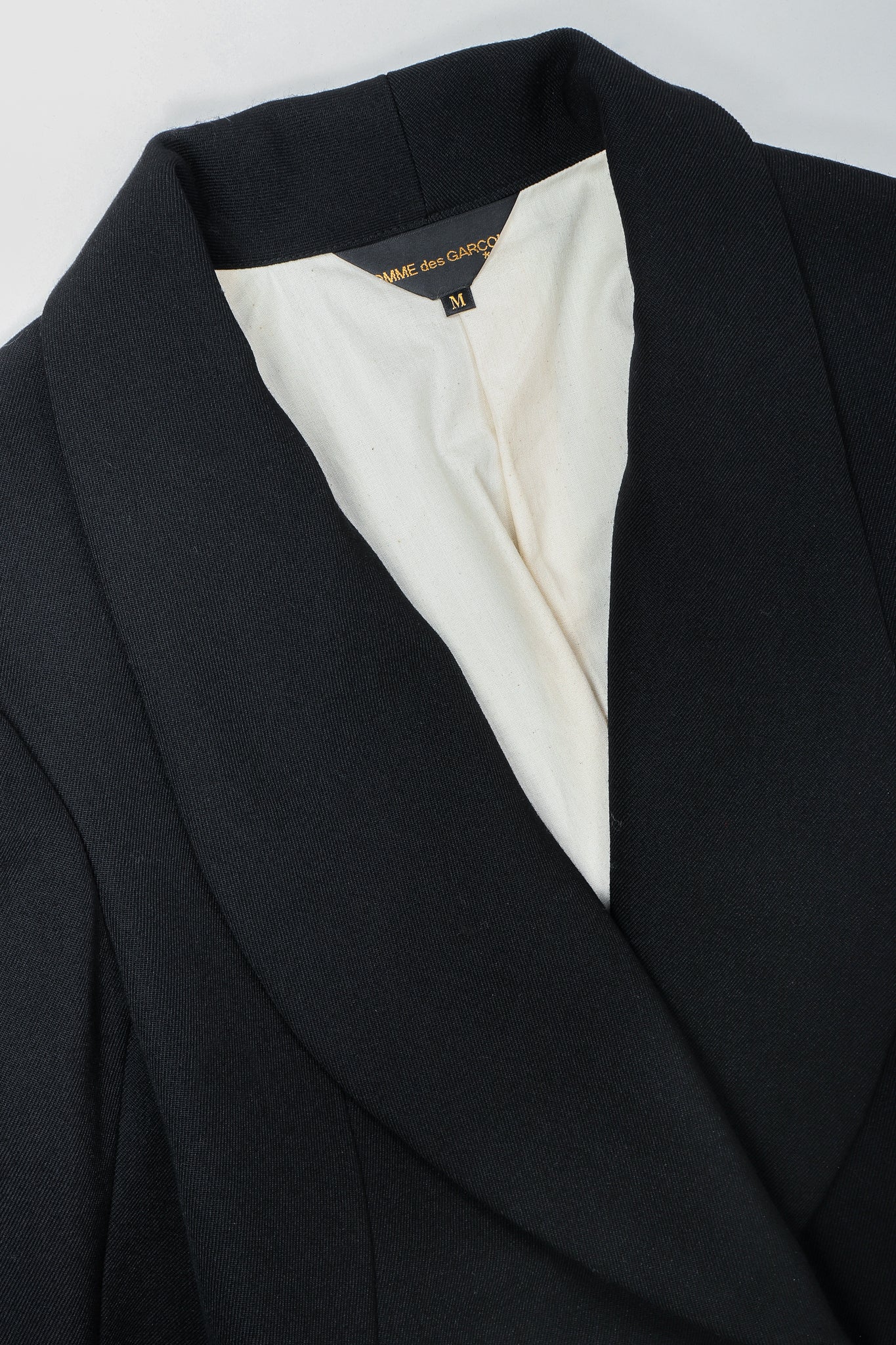 Recess Vintage Comme des Garcons Black Shawl Collar Cutaway Coat, lapel detail