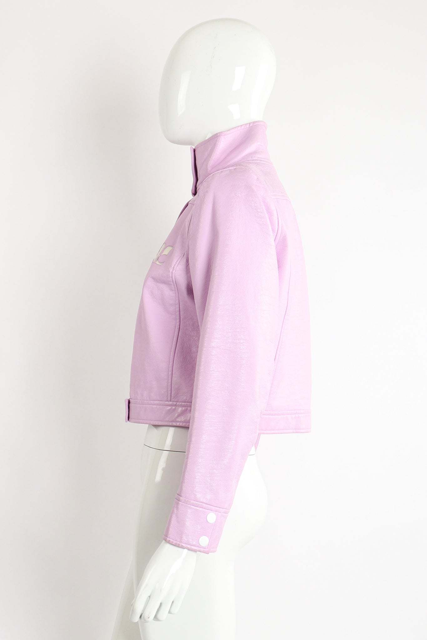 Vintage Courreges Lilac Patent Crinkle Jacket on Mannequin Side at Recess Los Angeles