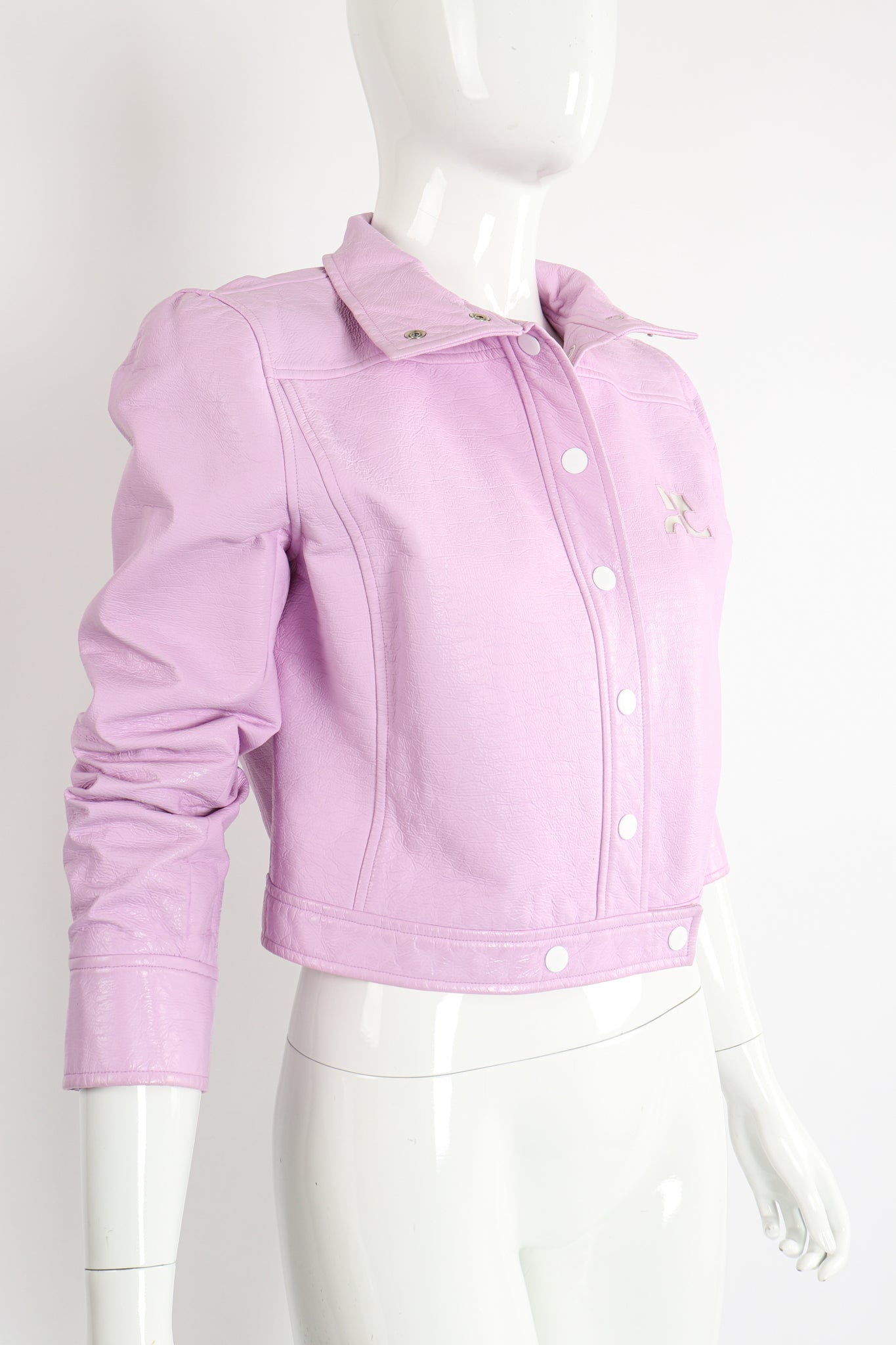 Vintage Courreges Lilac Patent Crinkle Jacket on Mannequin Angle Crop at Recess Los Angeles