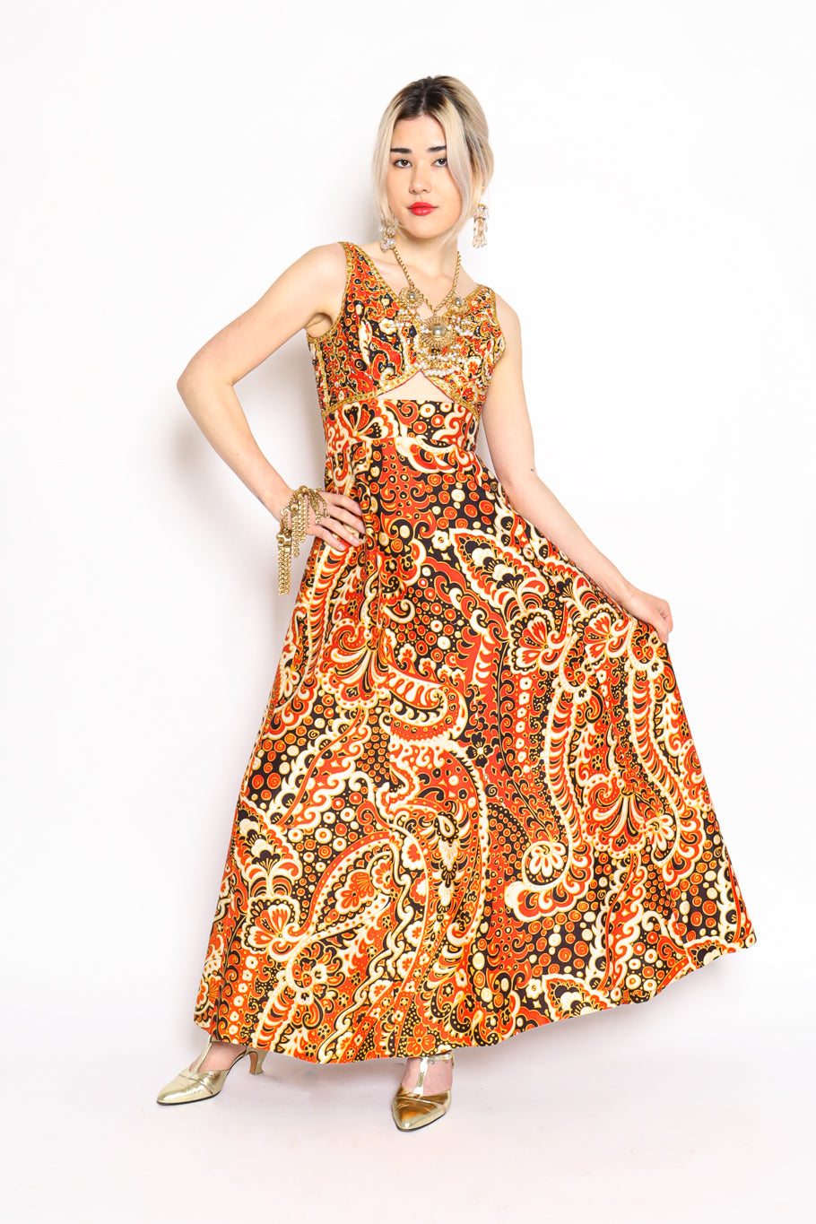 Vintage Malcolm Starr Rhinestone Paisley Gown on model Danielle @ Recess Los Angeles