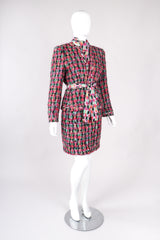 Recess Los Angeles Vintage David Hayes 5 Piece Chanel Bright Pink Tweed Jacket & Skirt Outfit Skirt Suit Set