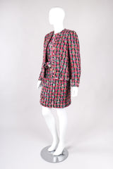 Recess Los Angeles Vintage David Hayes 5 Piece Chanel Bright Pink Tweed Jacket & Skirt Outfit Skirt Suit Set