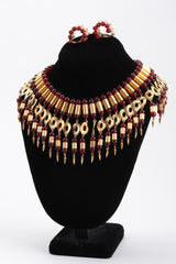 Recess Los Angeles Vintage William De Lillo Egyptian Red Gold Double Row Ribbed Tubes Oval Link Glass Beads Dangling Daggers