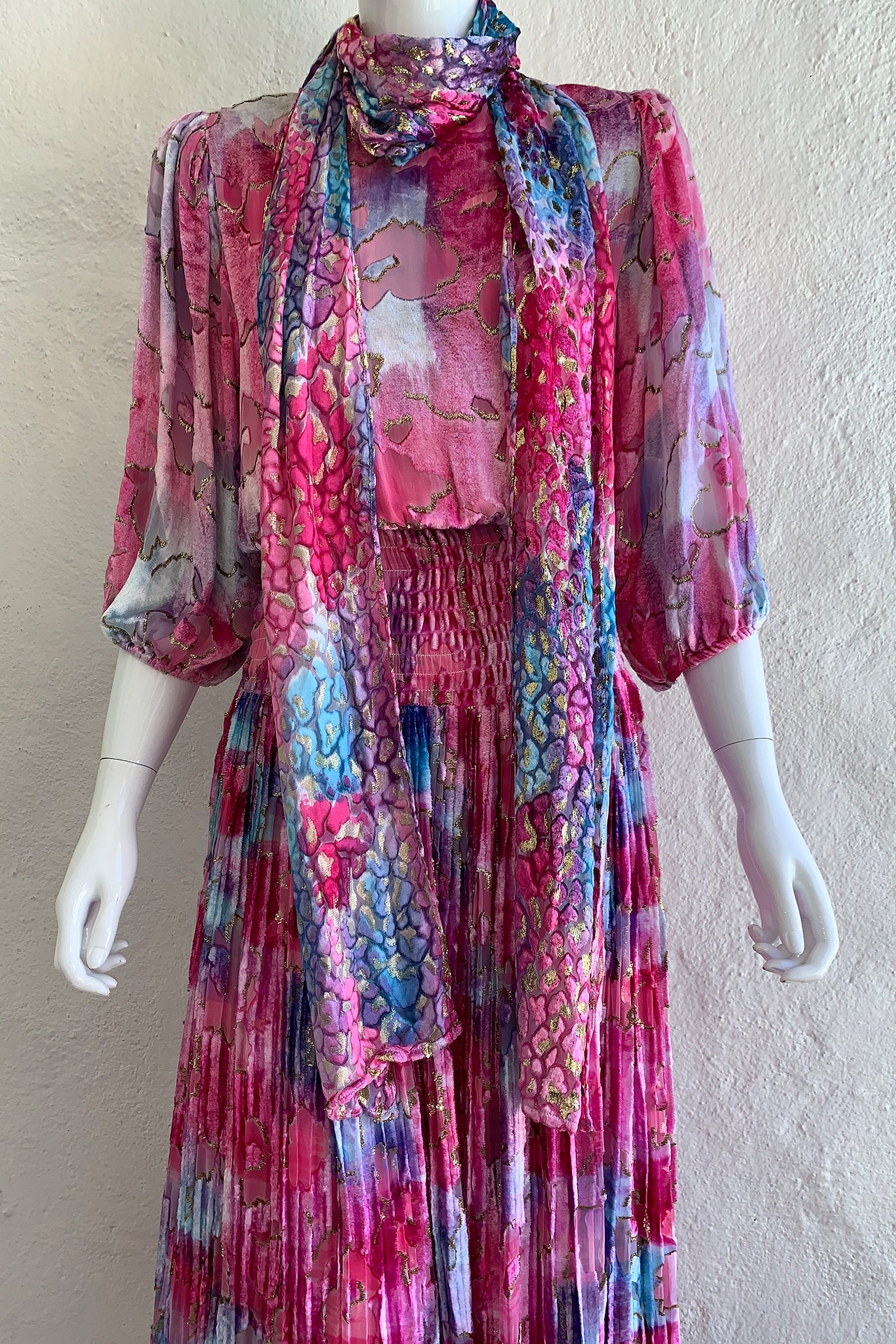 Vintage Diane Freis Backless Velvet Lamé Dress on Mannequin front scarf at Recess Los Angeles
