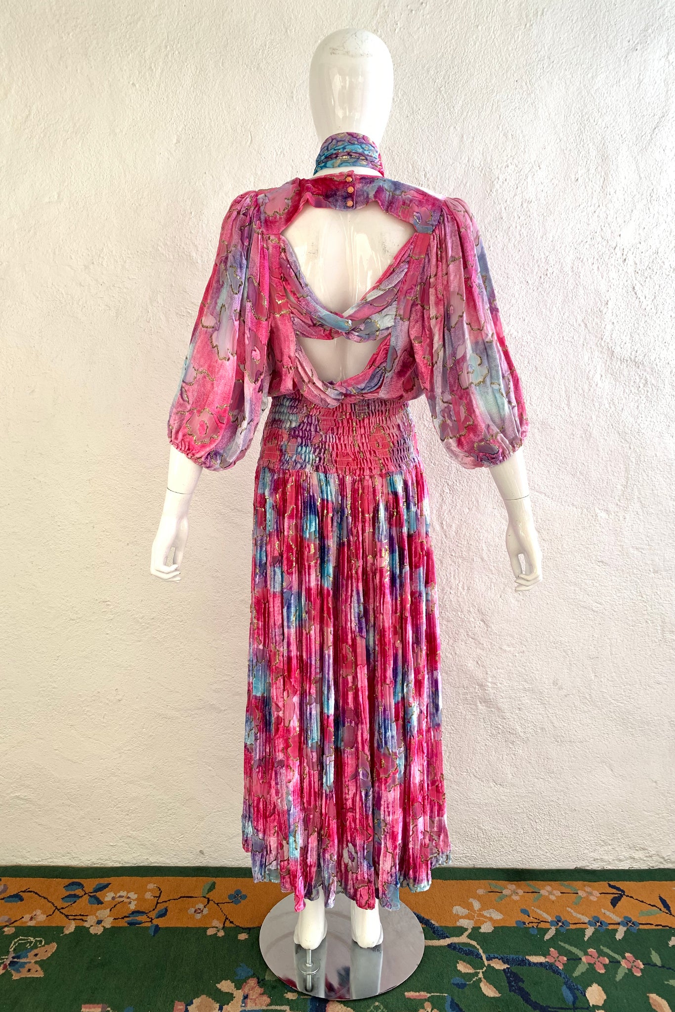 Vintage Diane Freis Backless Velvet Lamé Dress on Mannequin Back at Recess Los Angeles