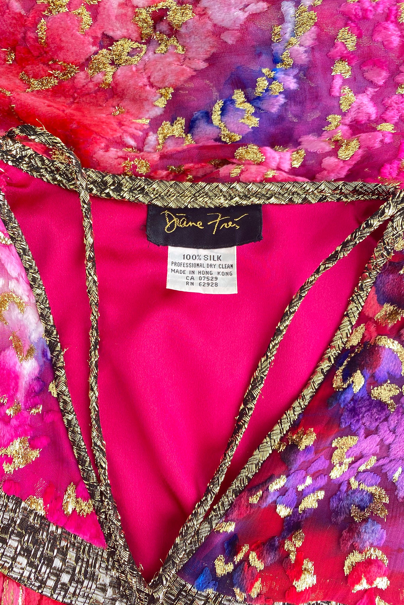 Vintage Diane Freis Velvet Lamé Blouson Dress Label neckline detail at Recess Los Angeles