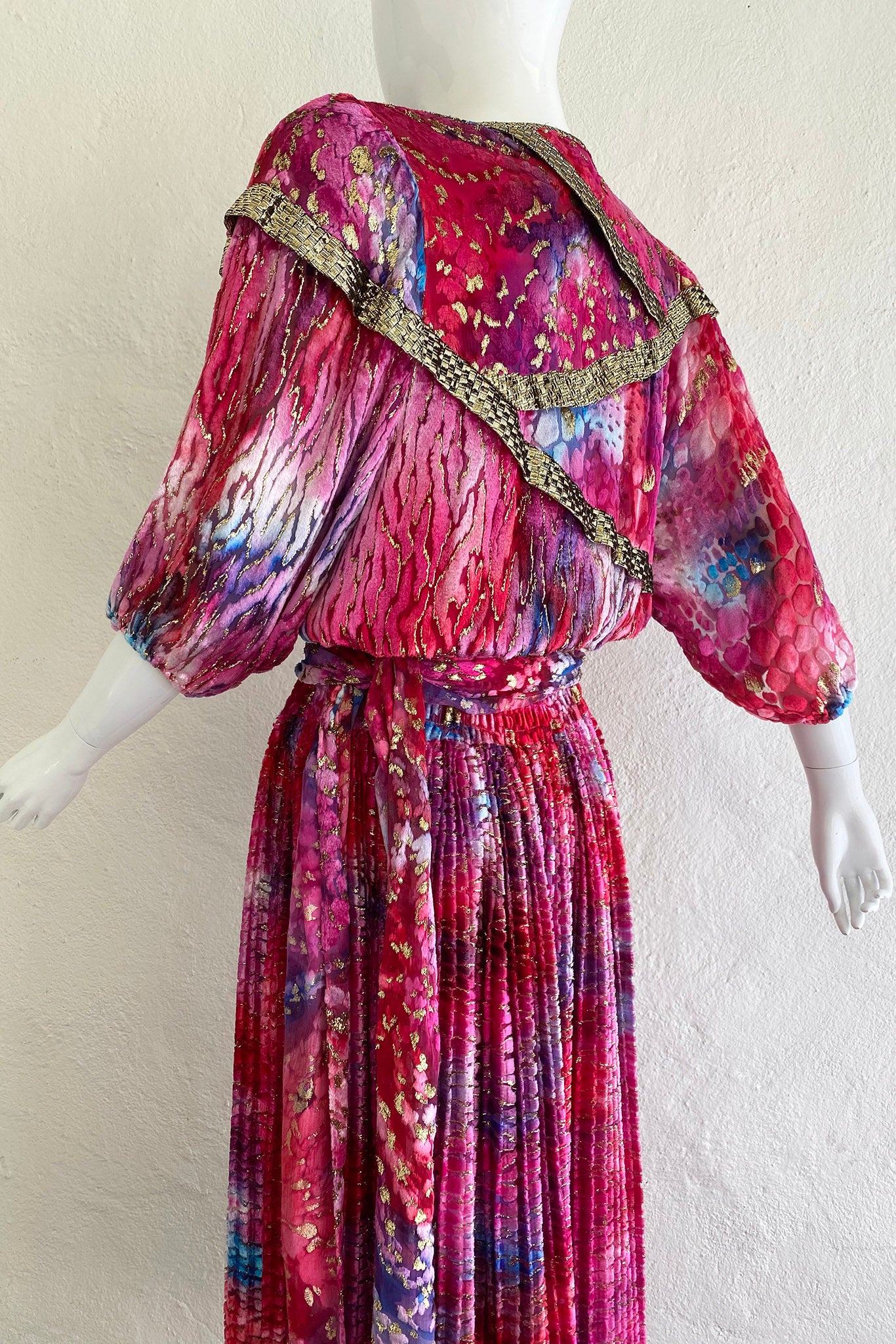 Vintage Diane Freis Velvet Lamé Blouson Dress on Mannequin Back angle at Recess Los Angeles