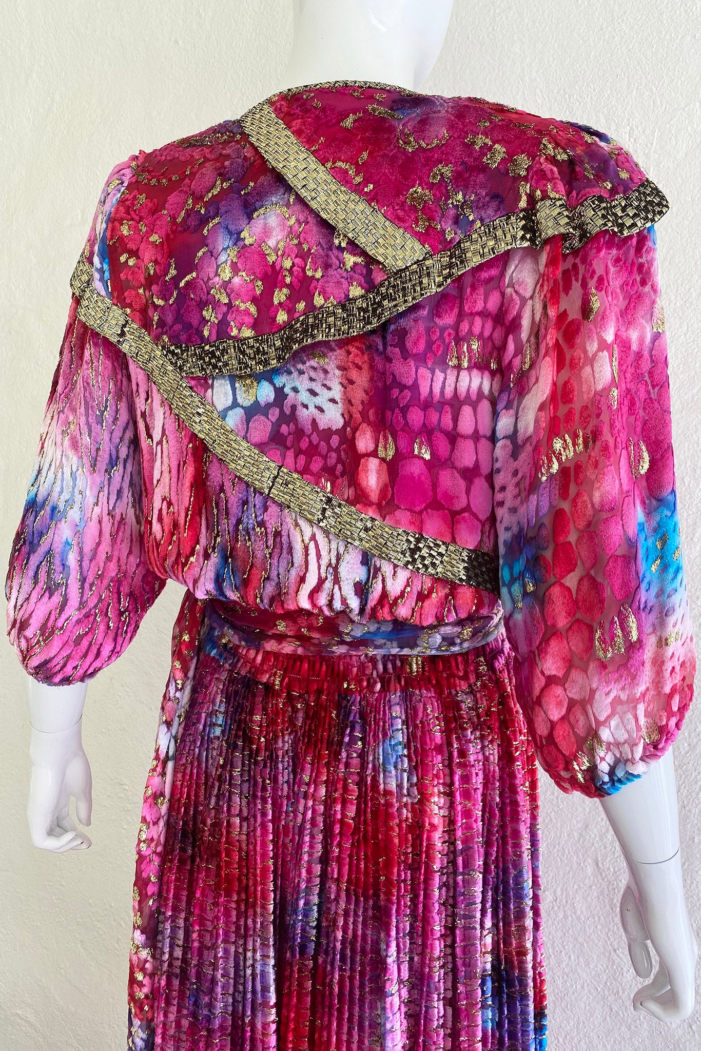 Vintage Diane Freis Velvet Lamé Blouson Dress on Mannequin Back Angle 2 at Recess Los Angeles