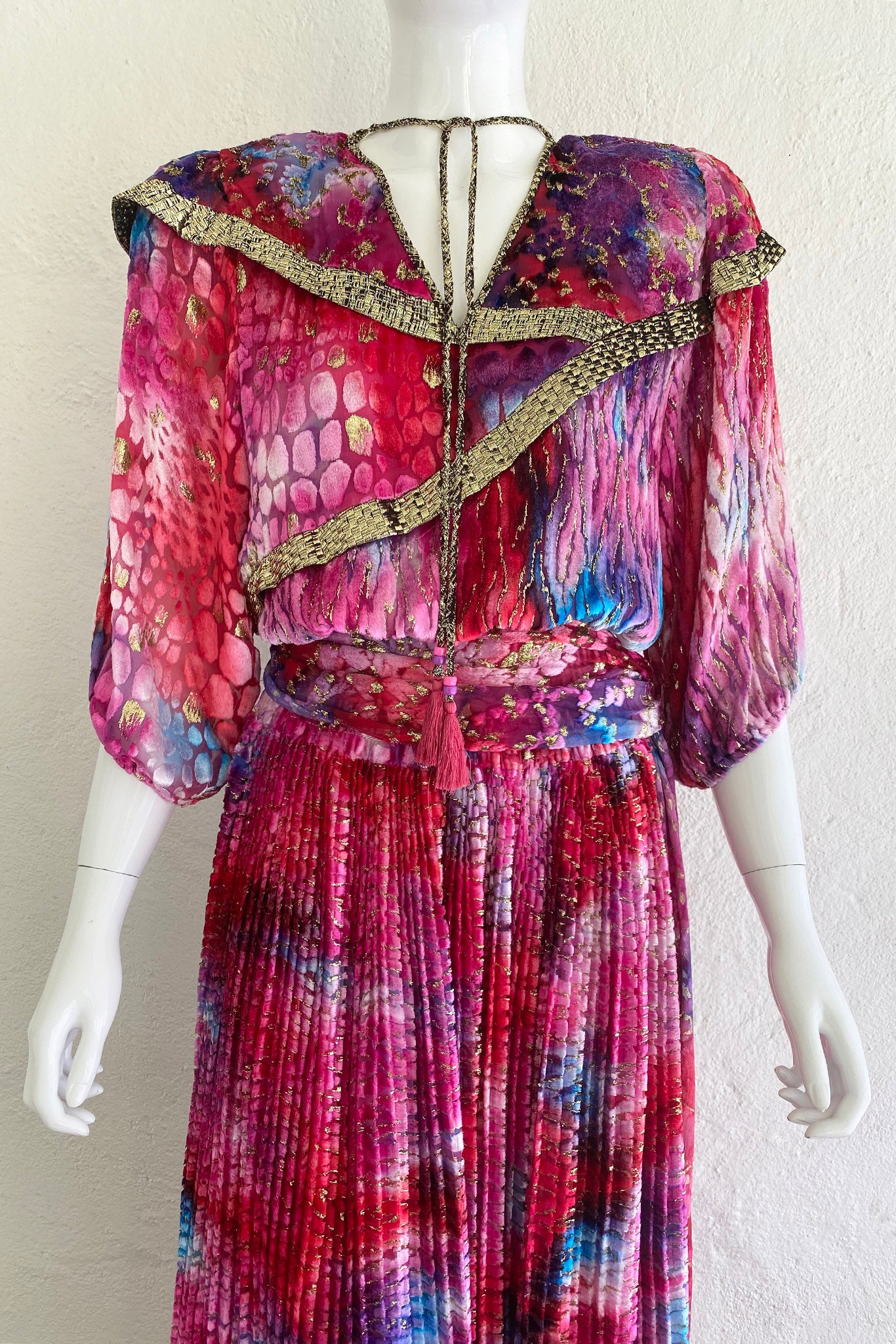 Vintage Diane Freis Velvet Lamé Blouson Dress on Mannequin Front Crop at Recess Los Angeles