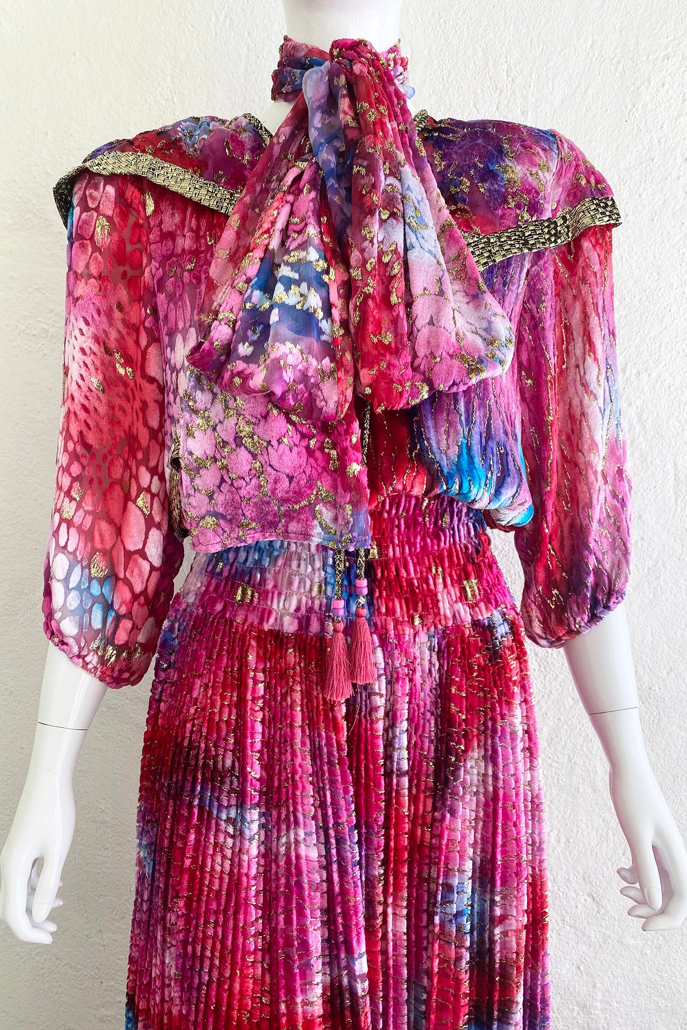 Vintage Diane Freis Velvet Lamé Blouson Dress on Mannequin Side Crop neck bow at Recess Los Angeles