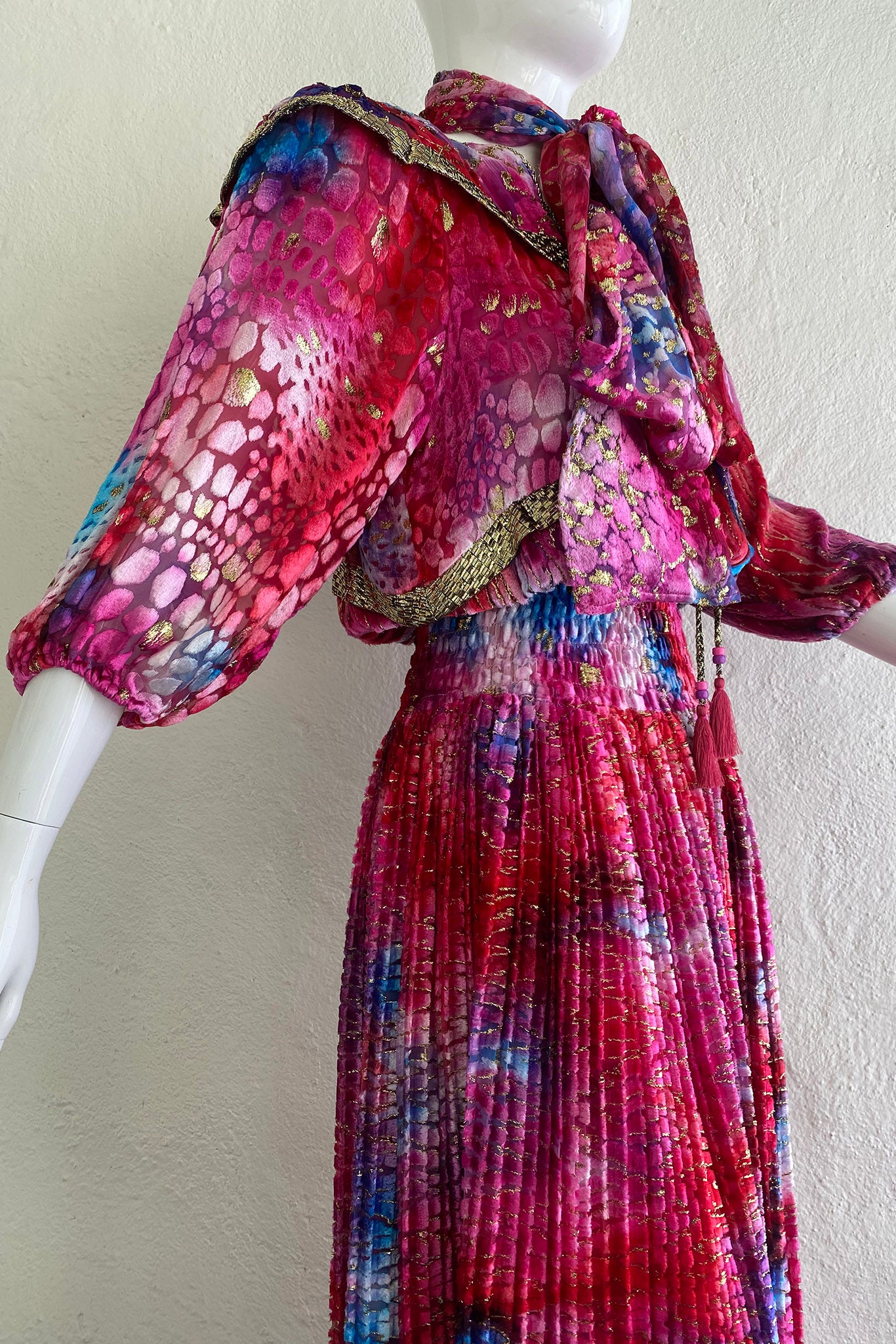 Vintage Diane Freis Velvet Lamé Blouson Dress on Mannequin Side Crop at Recess Los Angeles
