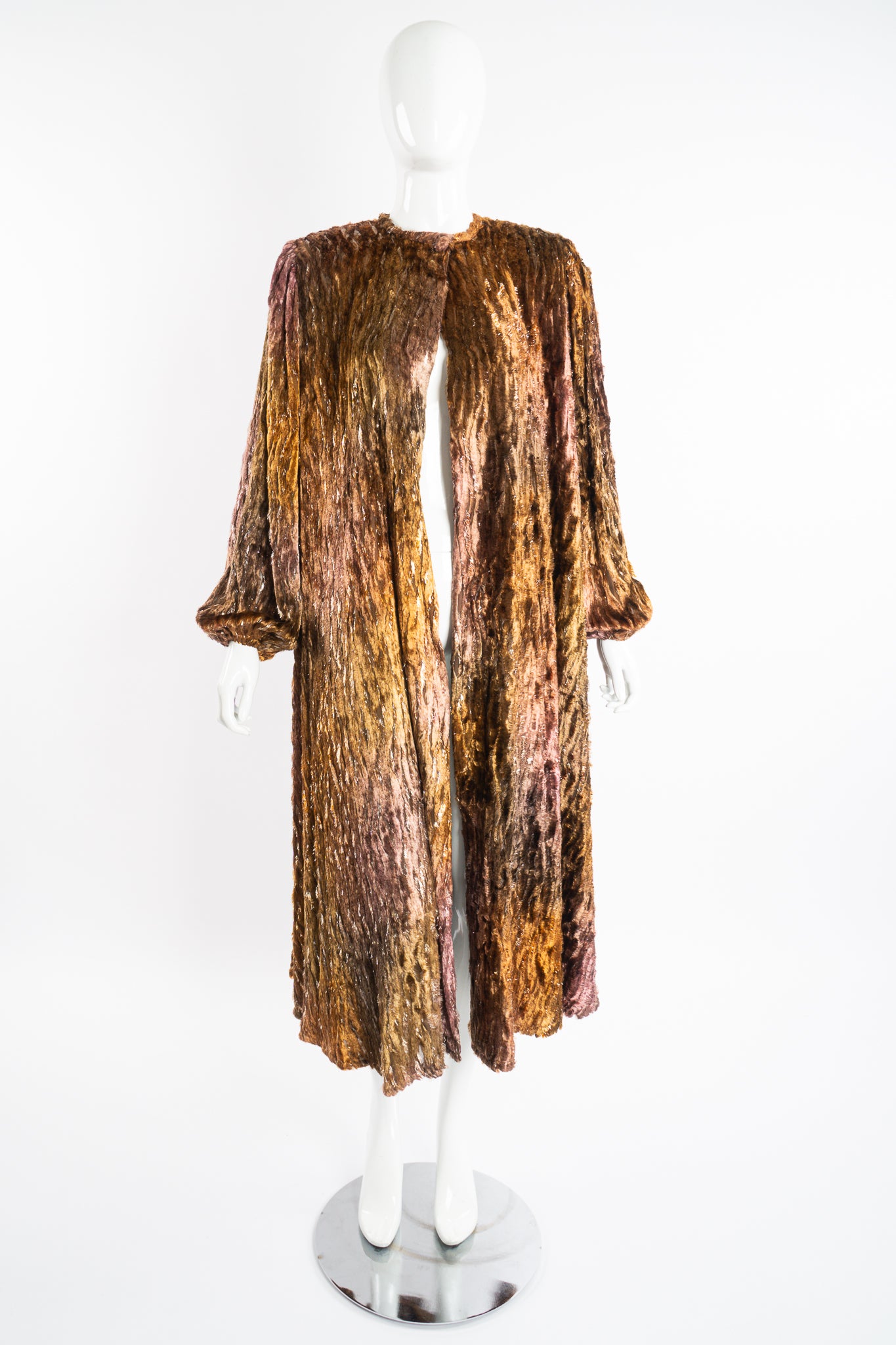Vintage Diane Freis Plush Silk Tinsel Cape Coat & Scarf on Mannequin front at Recess Los Angeles