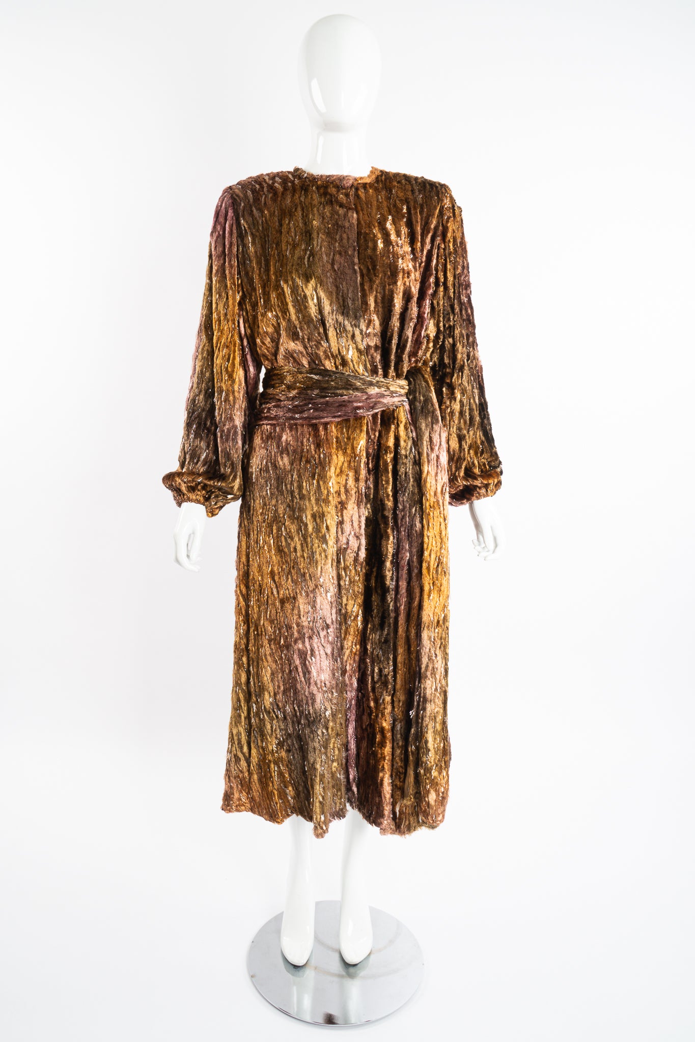 Vintage Diane Freis Plush Silk Tinsel Cape Coat & Scarf Sash on Mannequin front at Recess LA