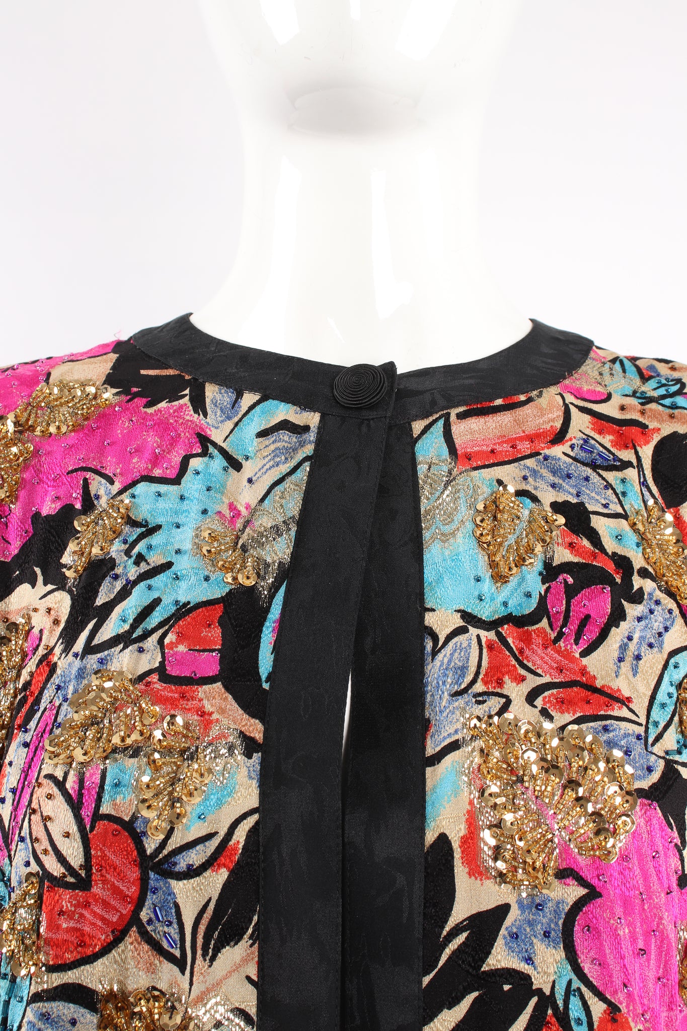 Vintage Diane Freis Tropical Beaded Silk Duster on Mannequin neckline at Recess Los Angeles