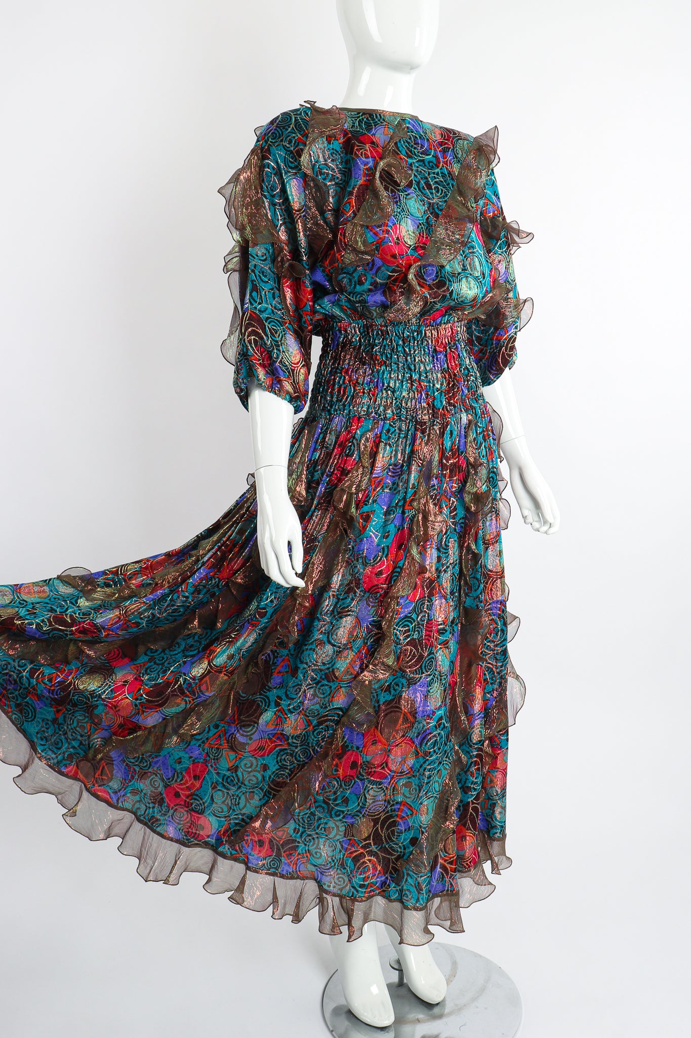 Vintage Diane Freis Metallic Lamé Ruffle Dress on Mannequin angle at Recess Los Angeles