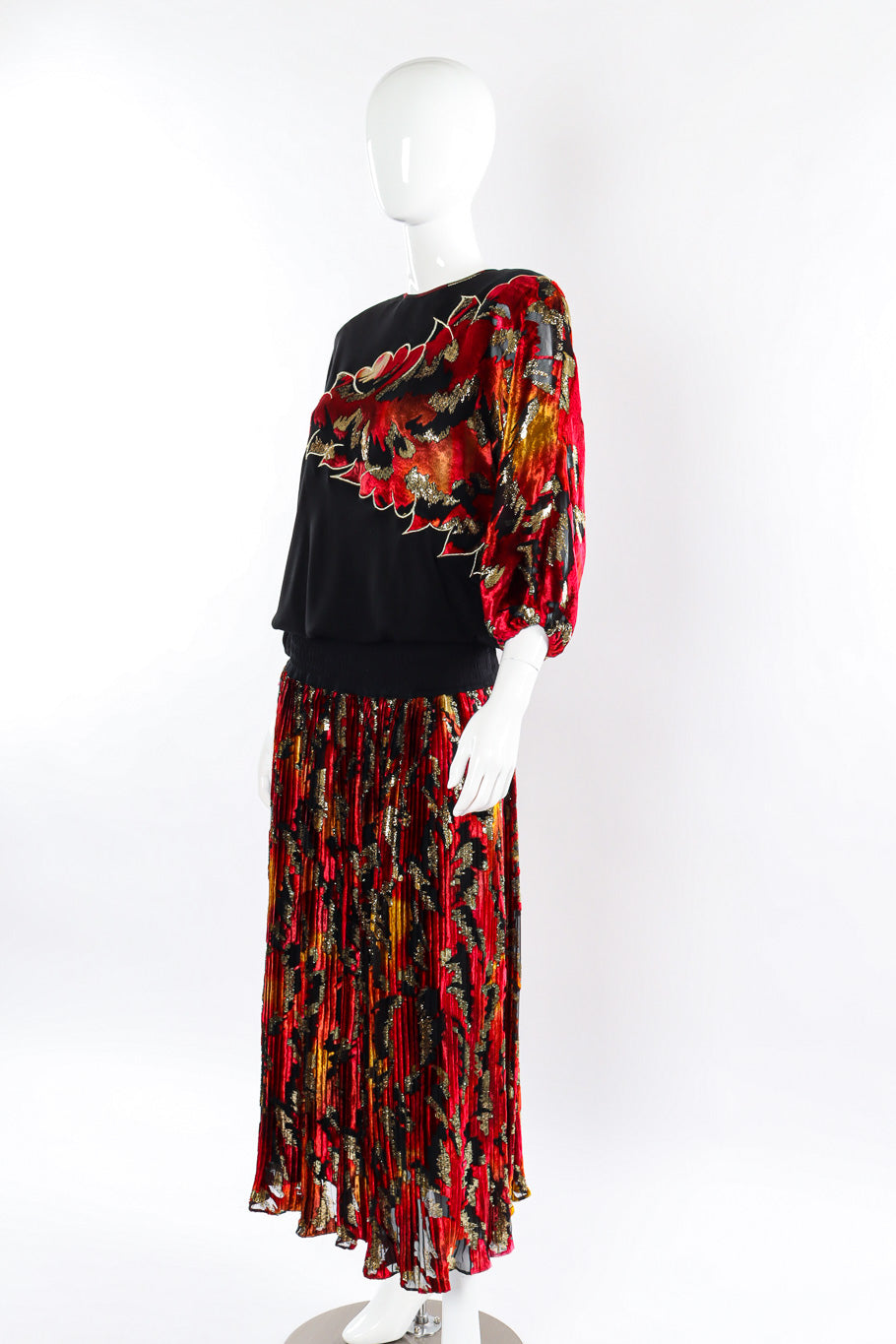 Multi-printed silk limited edition dress by Diane Freis mannequin angled with no scarf  @recessla