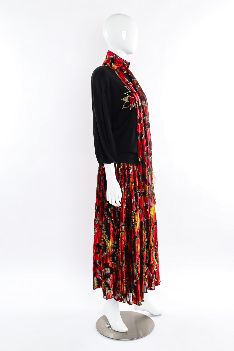 Multi-printed silk limited edition dress by Diane Freis mannequin side full length with scarf @recessla