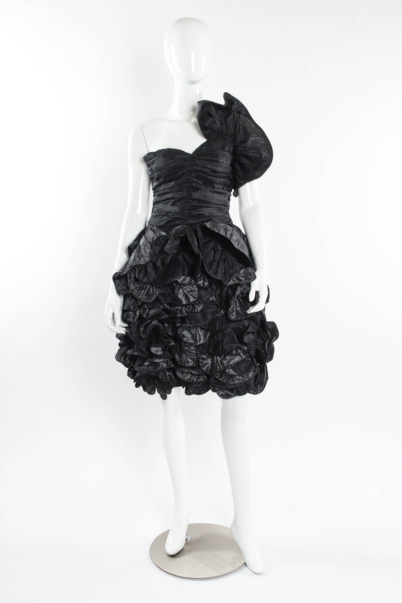 Vintage Christian Dior 1985 A/W Silk Taffeta Ruffle Dress mannequin front @ Recess LA