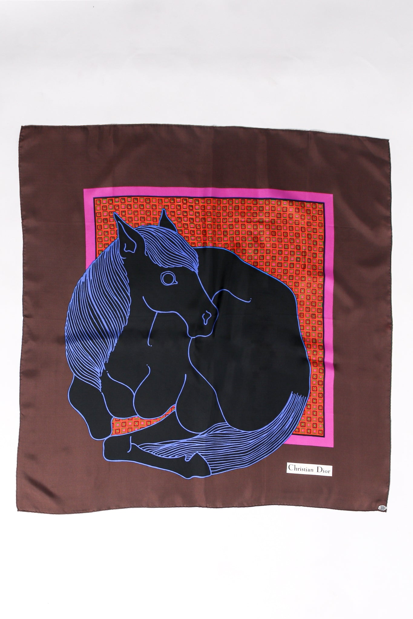 Vintage Christian Dior Black Foal Horse Print Silk Scarf flat at Recess Los Angeles