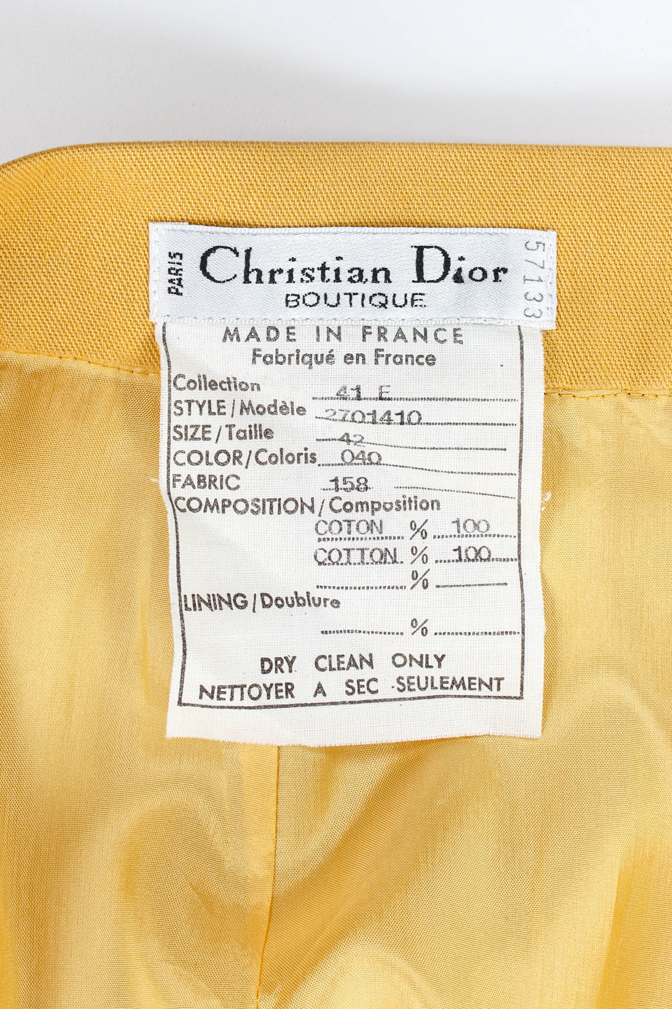 Vintage Christian Dior Golden Blazer & Skirt Suit Set skirt tag @ Recess Los Angeles