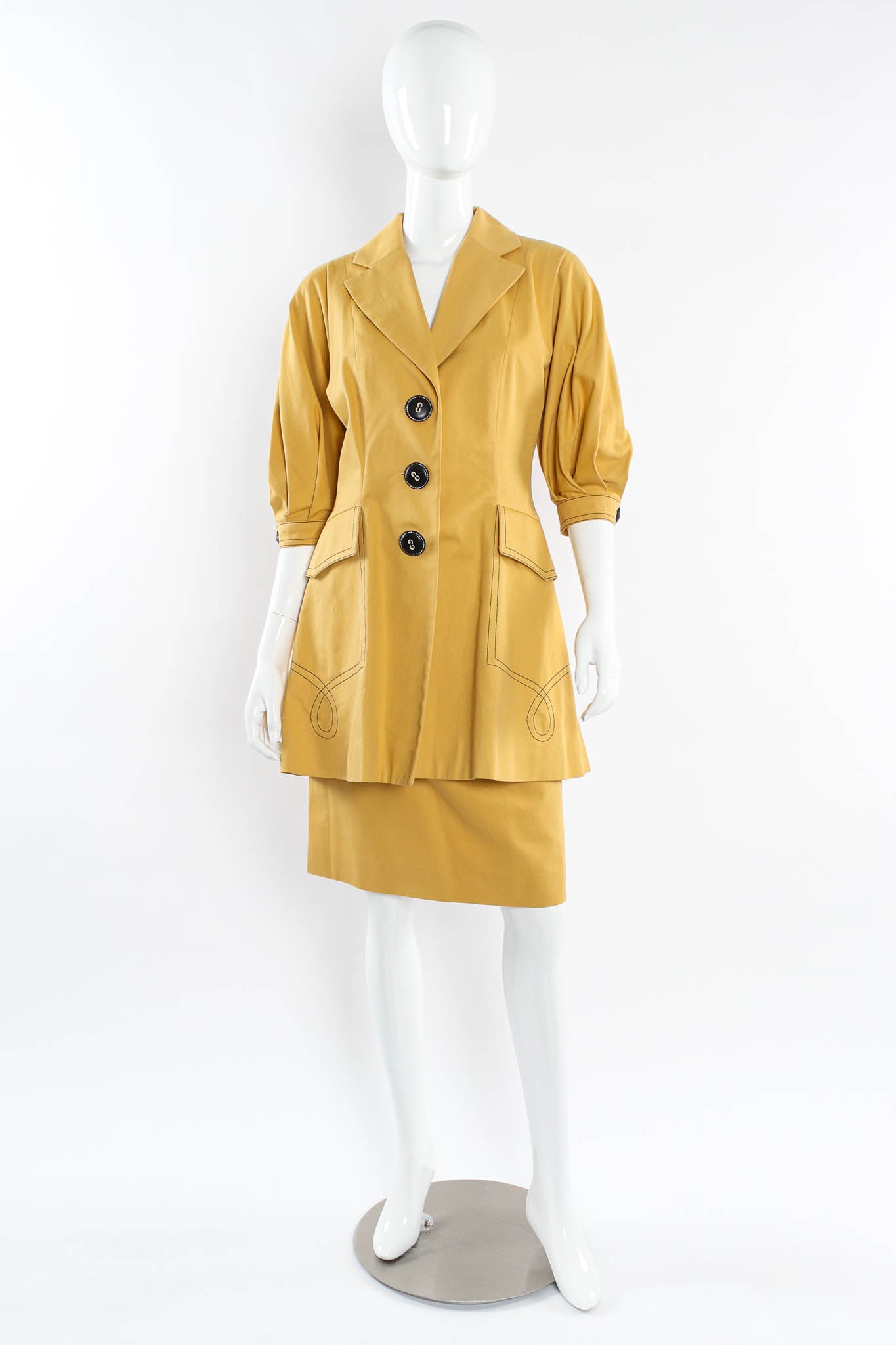 Vintage Christian Dior Golden Blazer & Skirt Suit Set mannequin front @ Recess Los Angeles