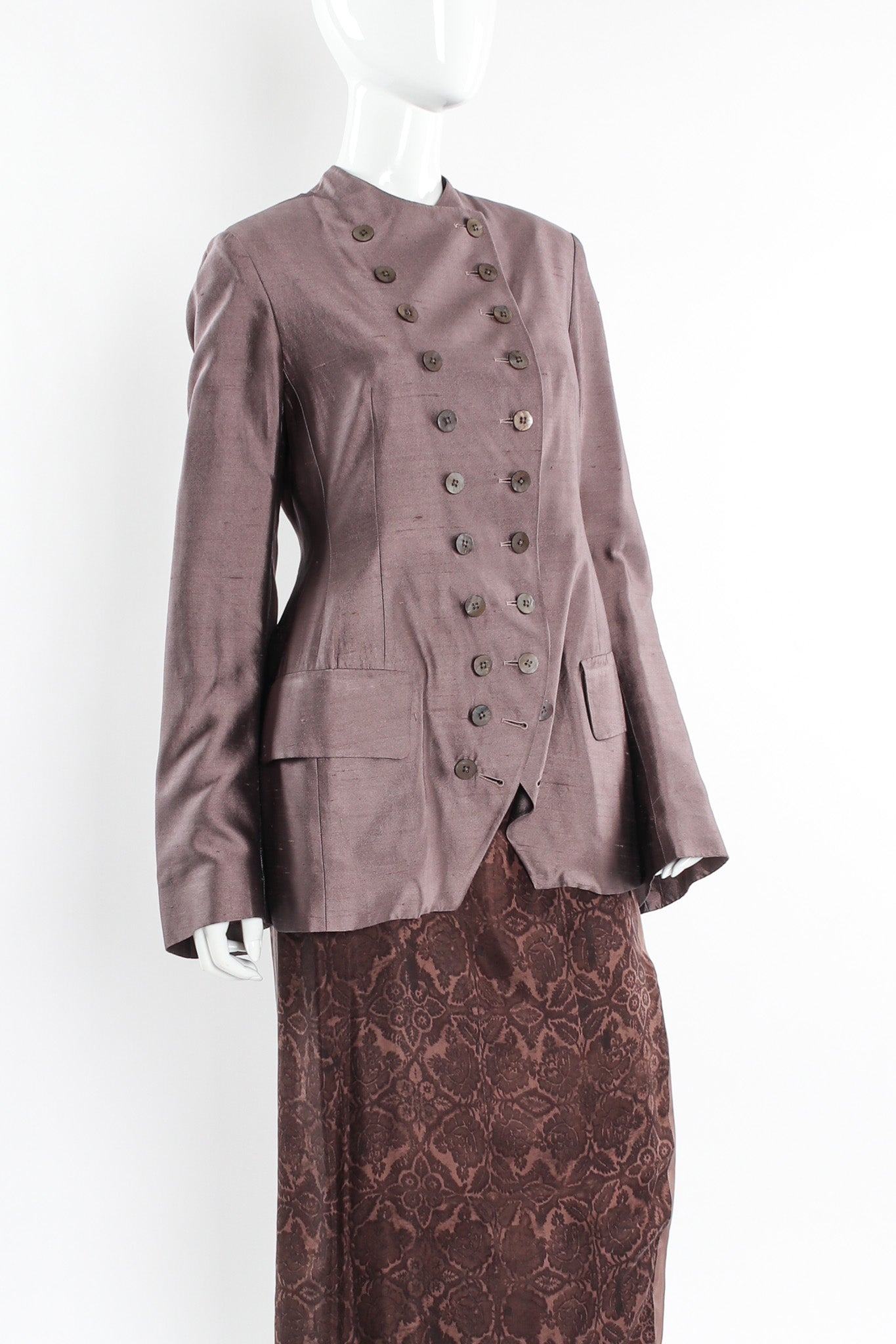 Vintage Dries Van Noten Floral Silk Jacket, Vest, & Skirt Set mannequin close w/ jacket  @ Recess LA