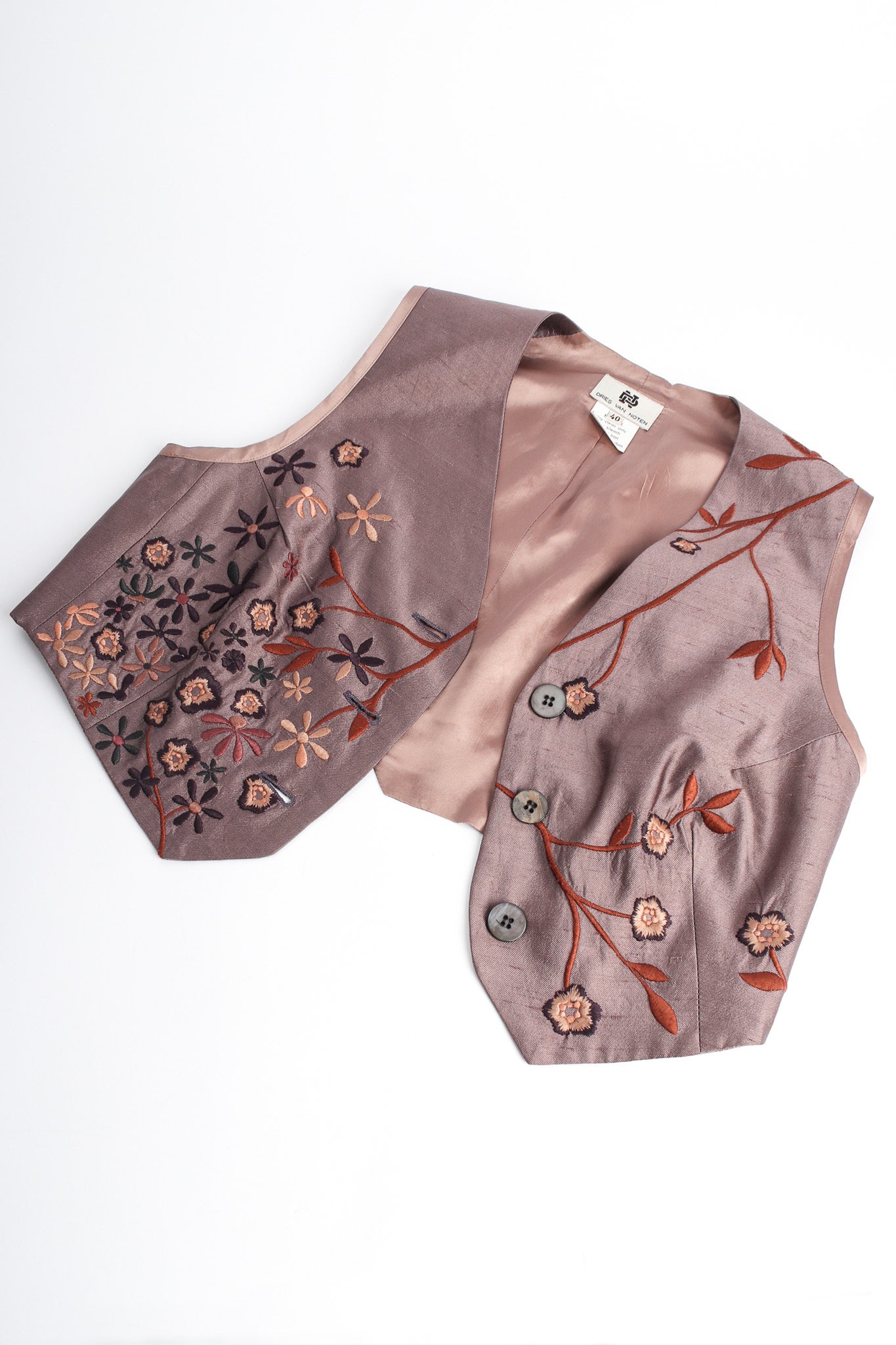 Vintage Dries Van Noten Floral Silk Jacket, Vest, & Skirt Set vest flat front @ Recess LA
