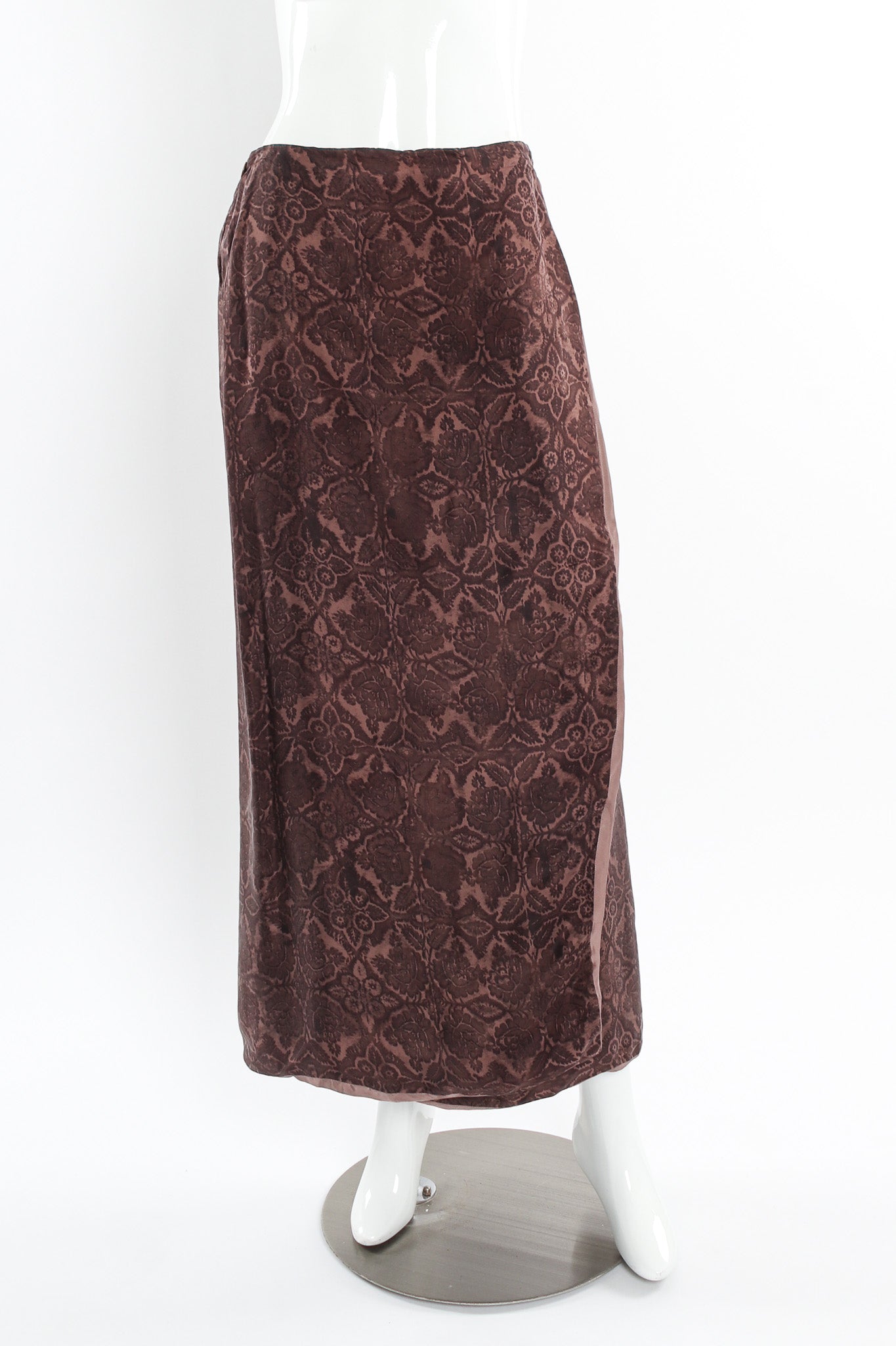 Vintage Dries Van Noten Floral Silk Jacket, Vest, & Skirt Set mannequin skirt front @ Recess LA