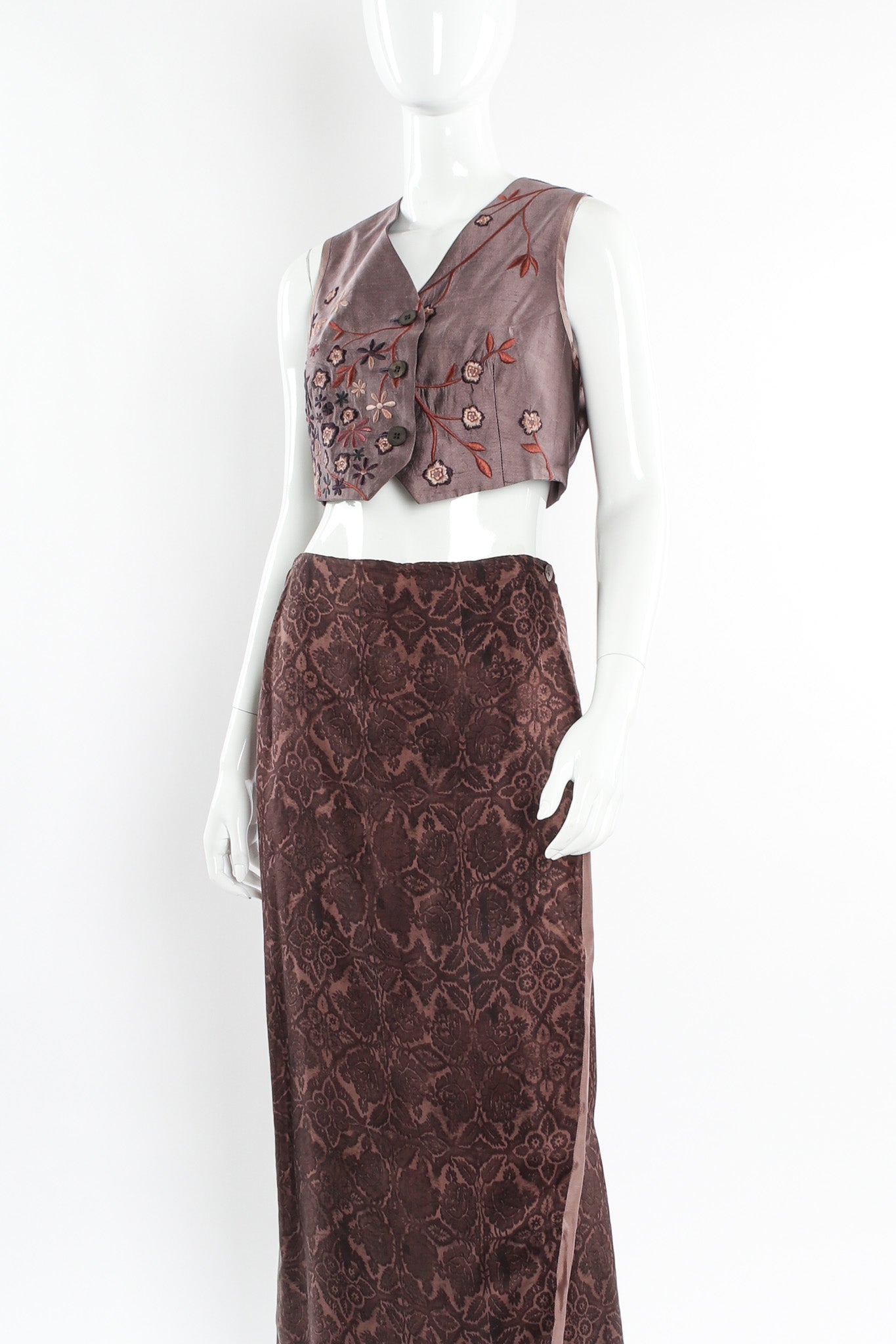 Vintage Dries Van Noten Floral Silk Jacket, Vest, & Skirt Set mannequin close angle  @ Recess LA