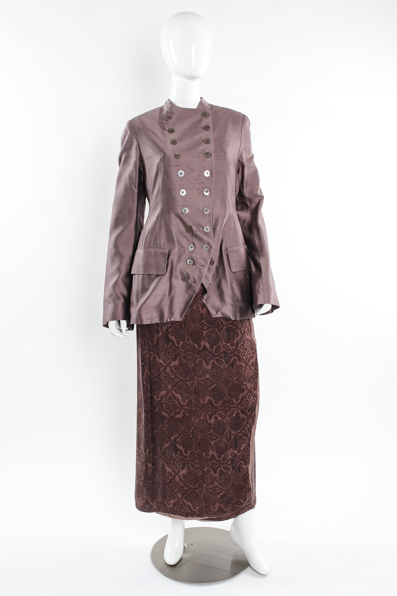 Vintage Dries Van Noten Floral Silk Jacket, Vest, & Skirt Set mannequin front @ Recess LA