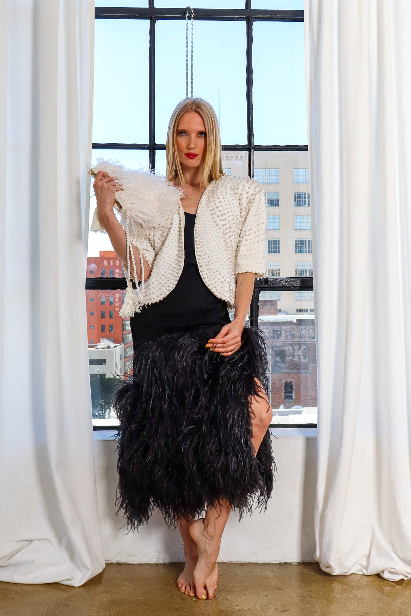 Model Miranda in Vintage Dries Van Noten Ostrich Feather Pencil Skirt front @ Recess LA