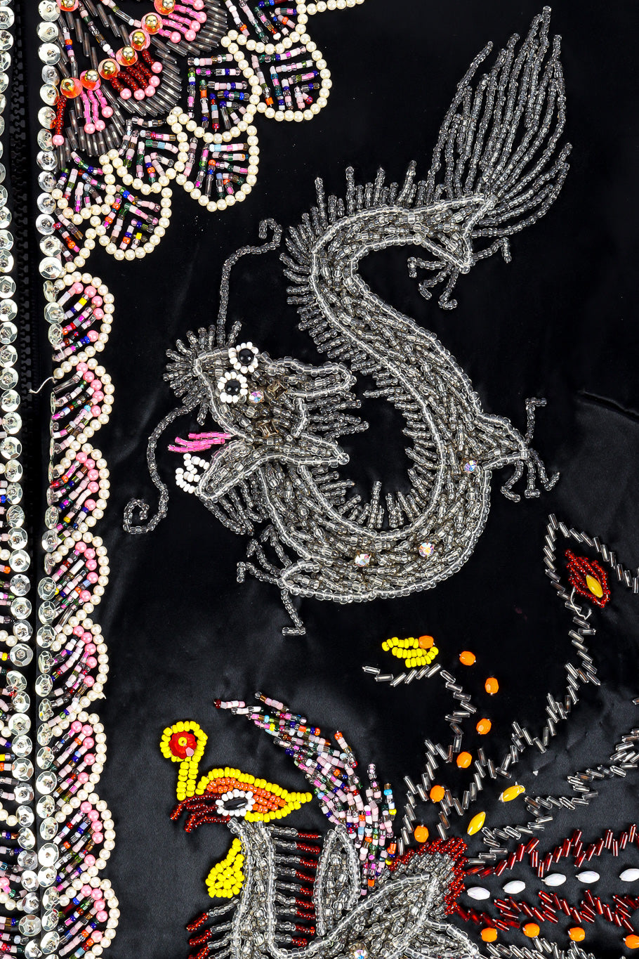 Vintage Dynasty Dragon Phoenix Embellished Silk Jacket closeup of beading @recessla
