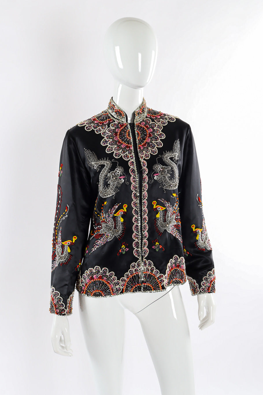 Vintage Dynasty Dragon Phoenix Embellished Silk Jacket front on mannequin @recessla
