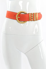 Wide sueded leather color block belt by Escada on mannequin front @recessla