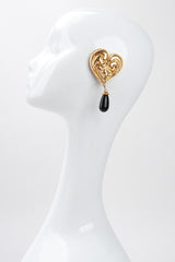 Recess Los Angeles Vintage Edouard Rambaud 80s Oversized Gold Heart Obsidian Drop Earrings