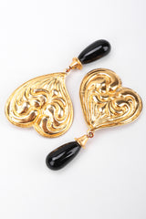Recess Los Angeles Vintage Edouard Rambaud 80s Oversized Gold Heart Obsidian Drop Earrings