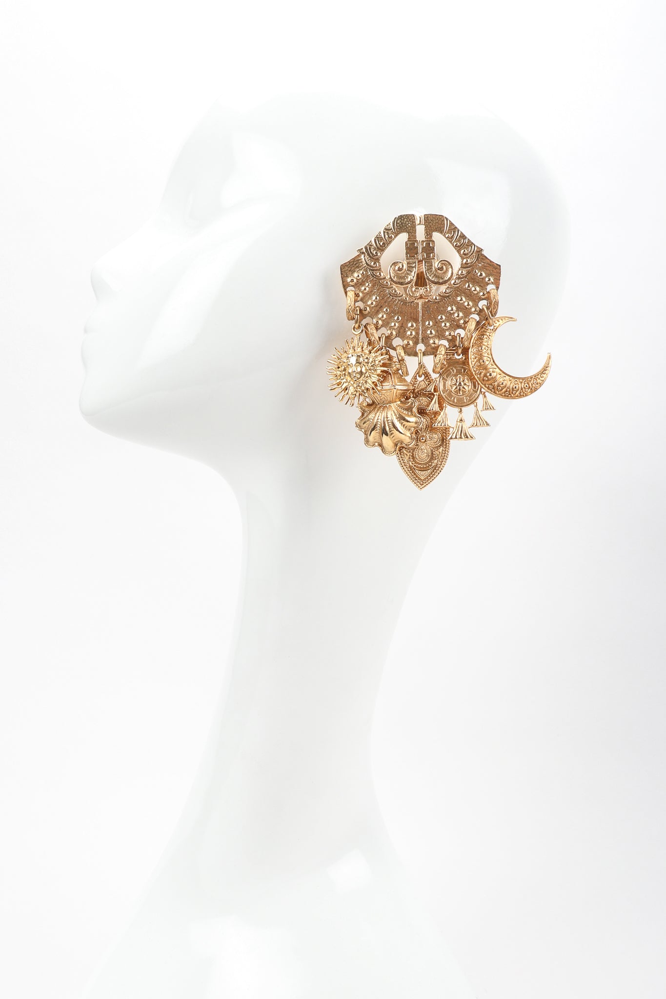 Recess Vintage Edouard Rambaud Gold Etruscan Chandelier Earrings on Mannequin