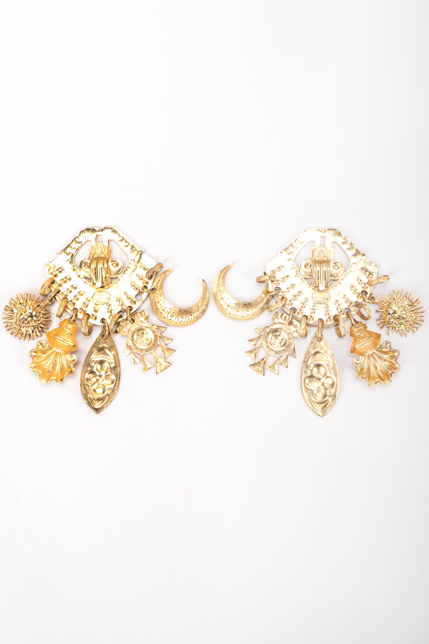 Recess Vintage Edouard Rambaud Gold Etruscan Chandelier Earring, backs on white Background